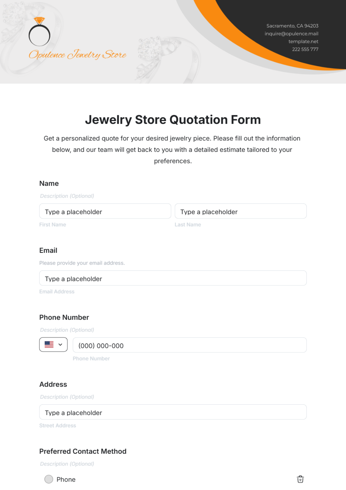 Jewelry Store Quotation Form Template