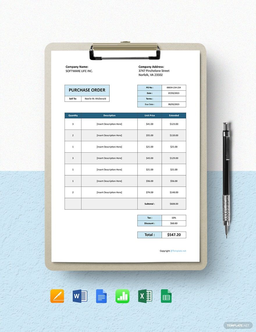 Basic Software Purchase Order Template