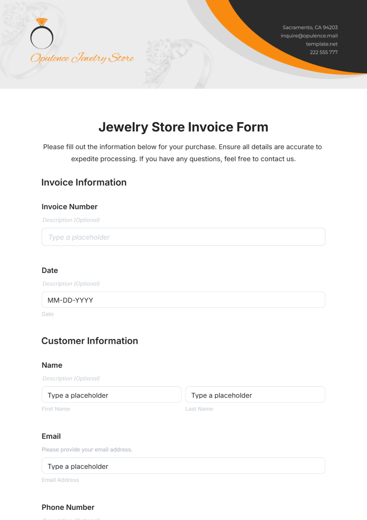 Jewelry Store Invoice Form Template