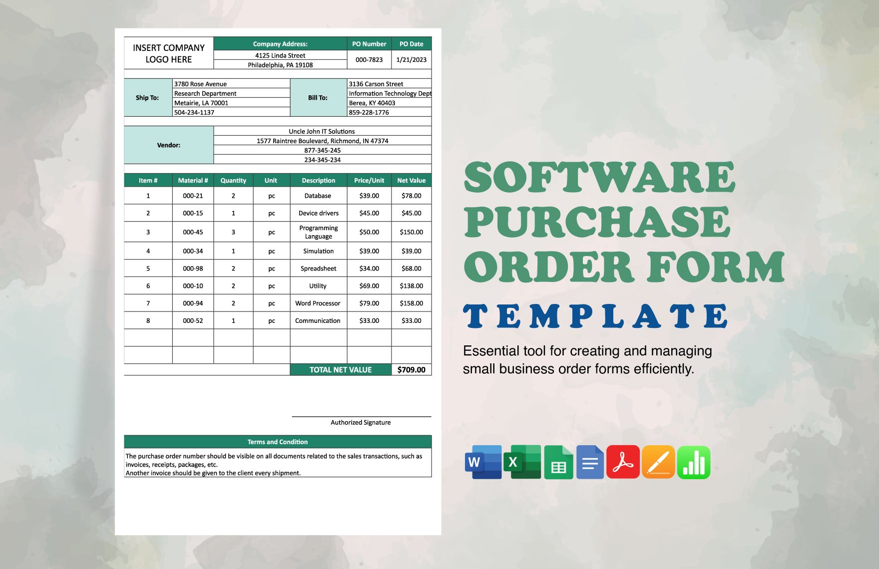 Software Purchase Order Form Template in Word, Google Docs, Excel, PDF, Google Sheets, Apple Pages, Apple Numbers