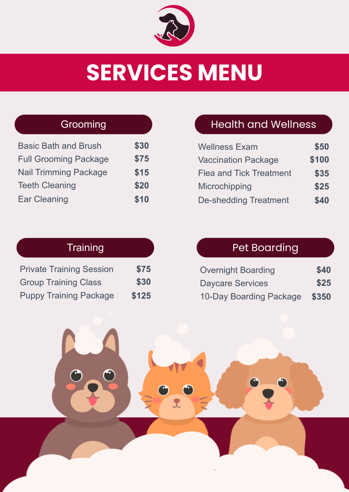 Pet Care Price Menu Template