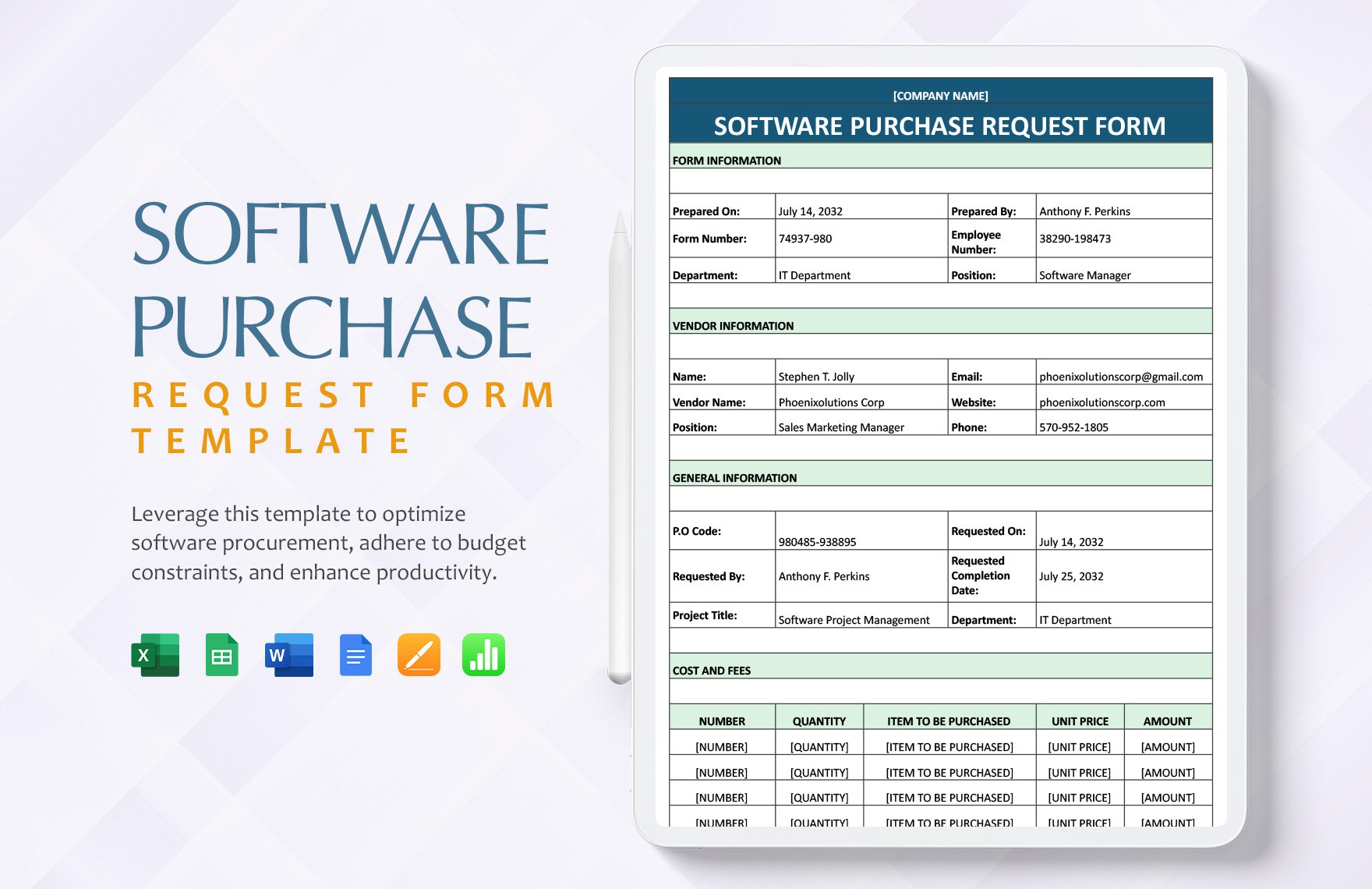 Software Purchase Request Form Template in Word, Google Docs, Excel, Google Sheets, Apple Pages, Apple Numbers