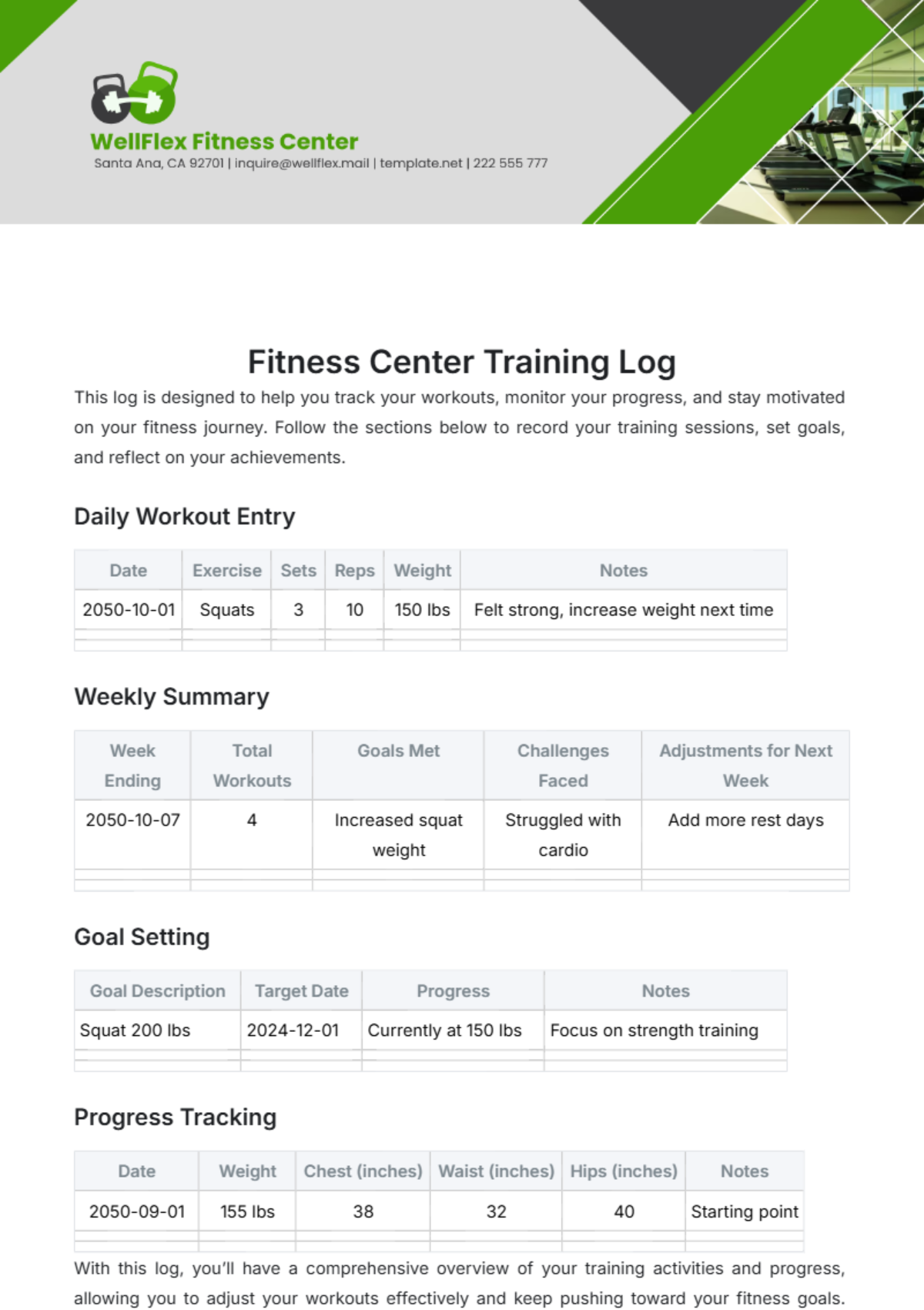 Fitness Center Training Log Template - Edit Online & Download