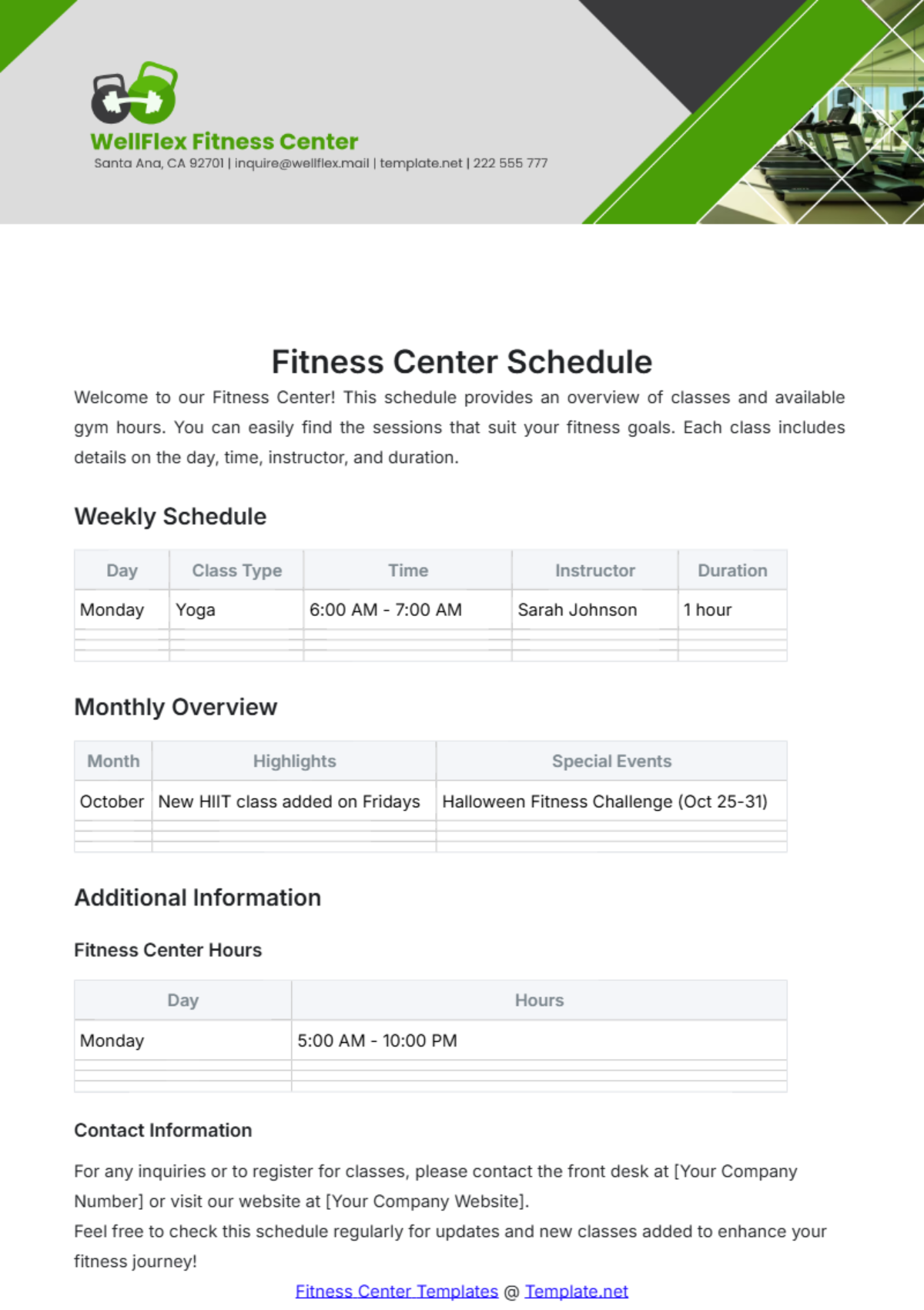 Fitness Center Schedule Template - Edit Online & Download