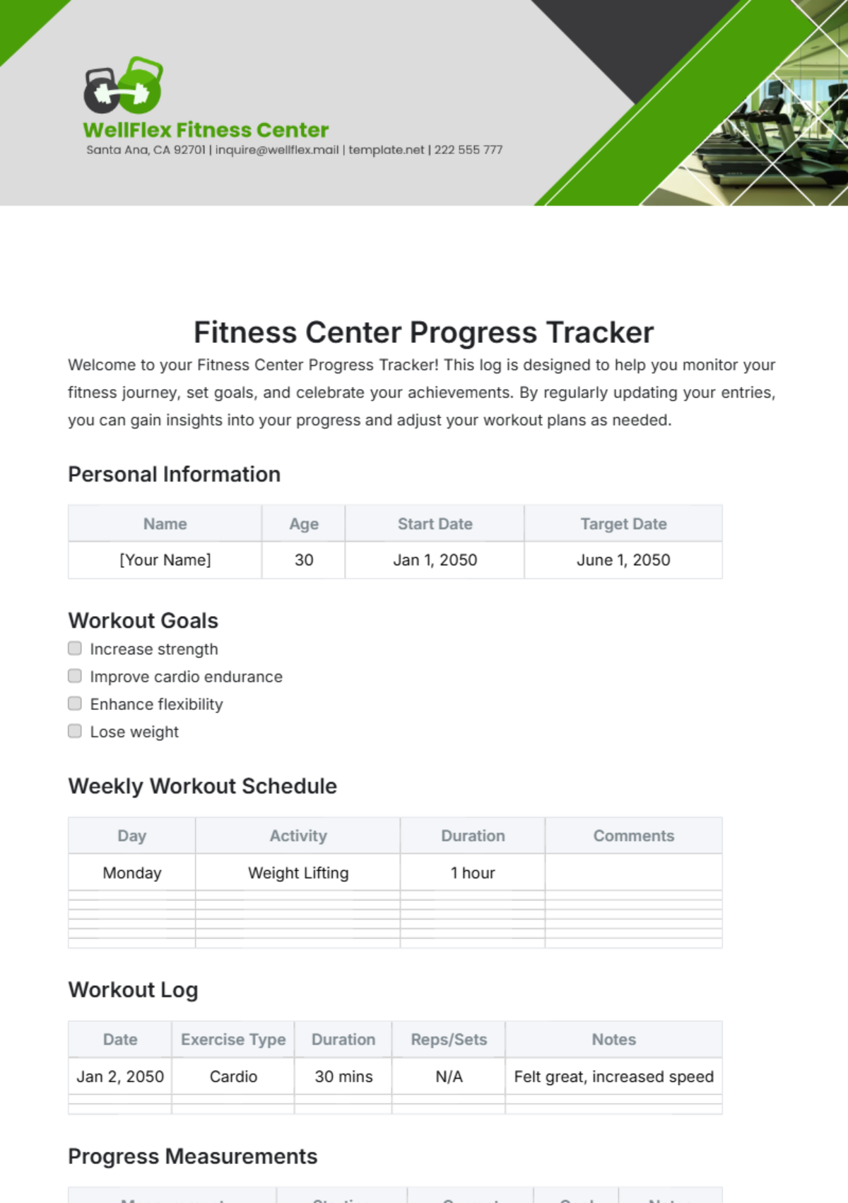 Fitness Center Progress Tracker Template - Edit Online & Download