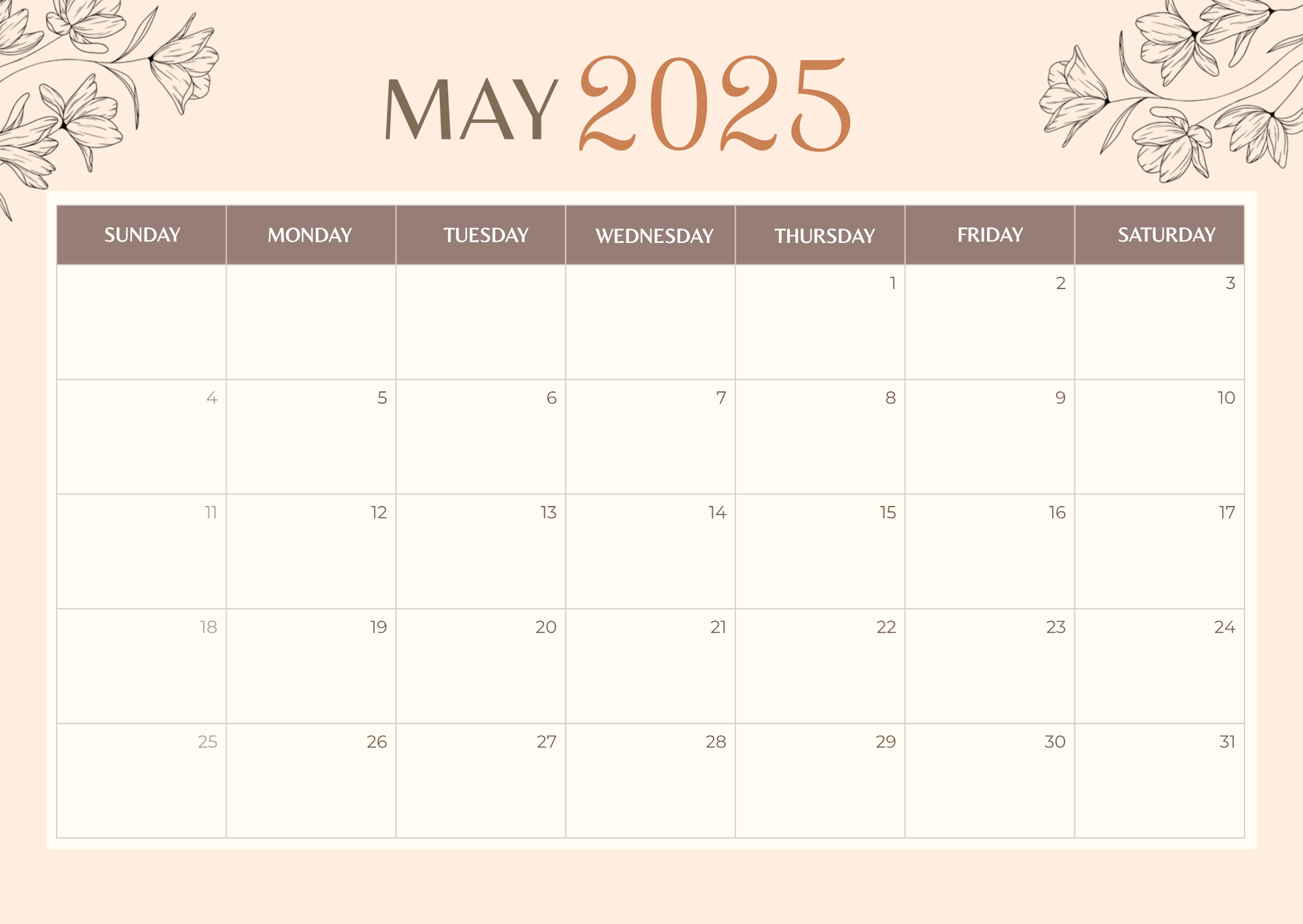 Free Aesthetic 2025 Calendar Template to Edit Online