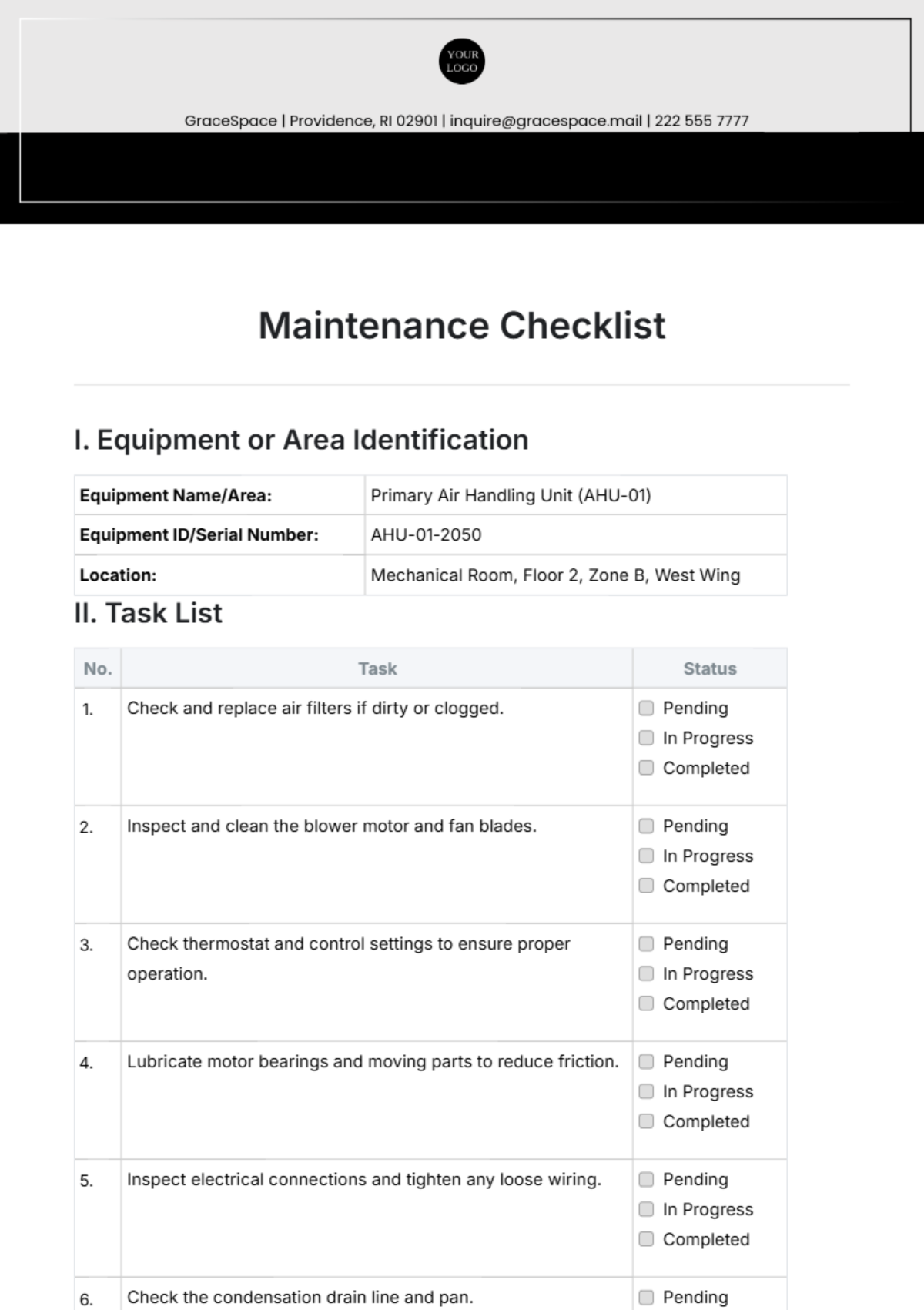 Maintenance Checklist Template