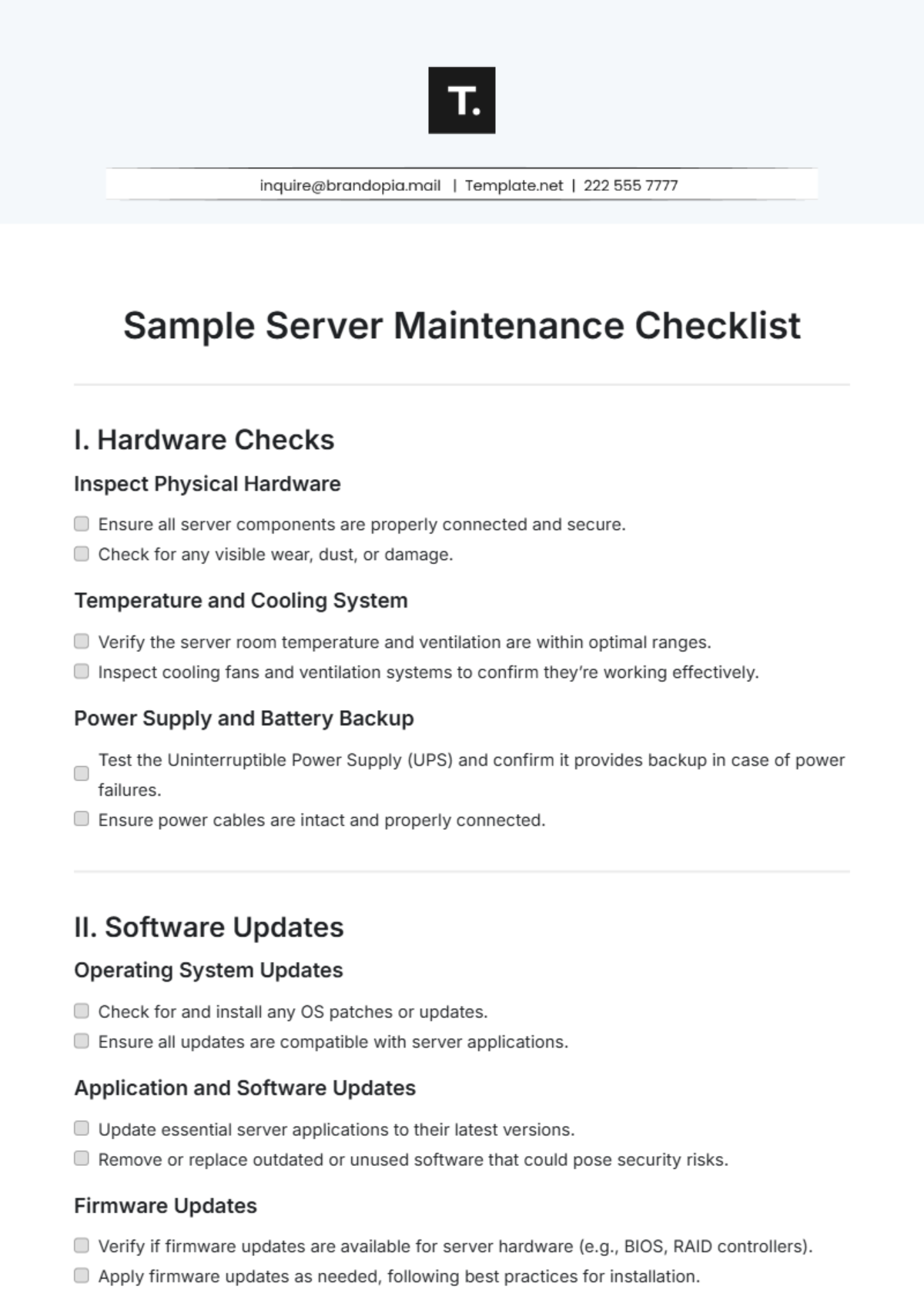 Sample Server Maintenance Checklist Template