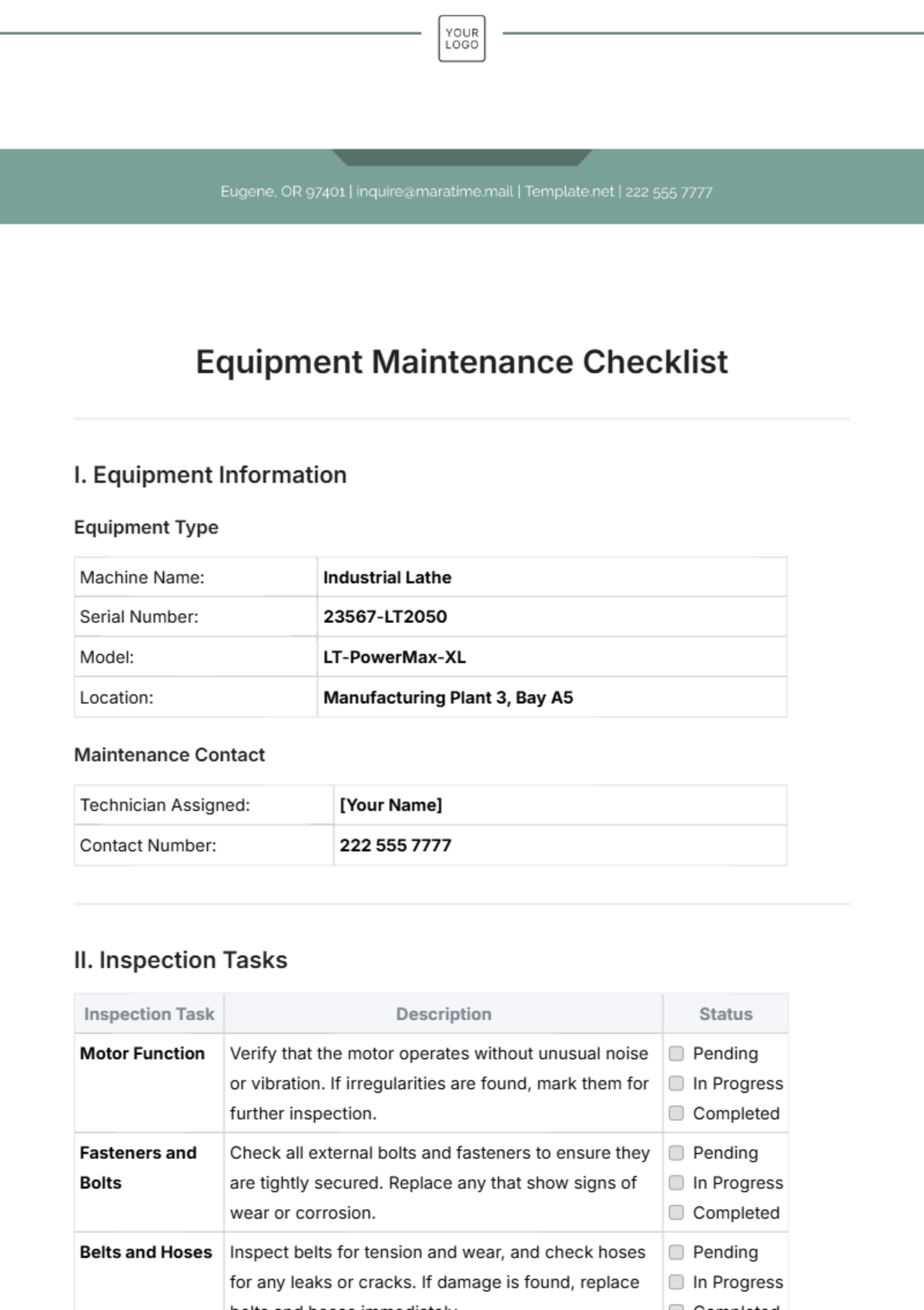 Equipment Maintenance Checklist Template