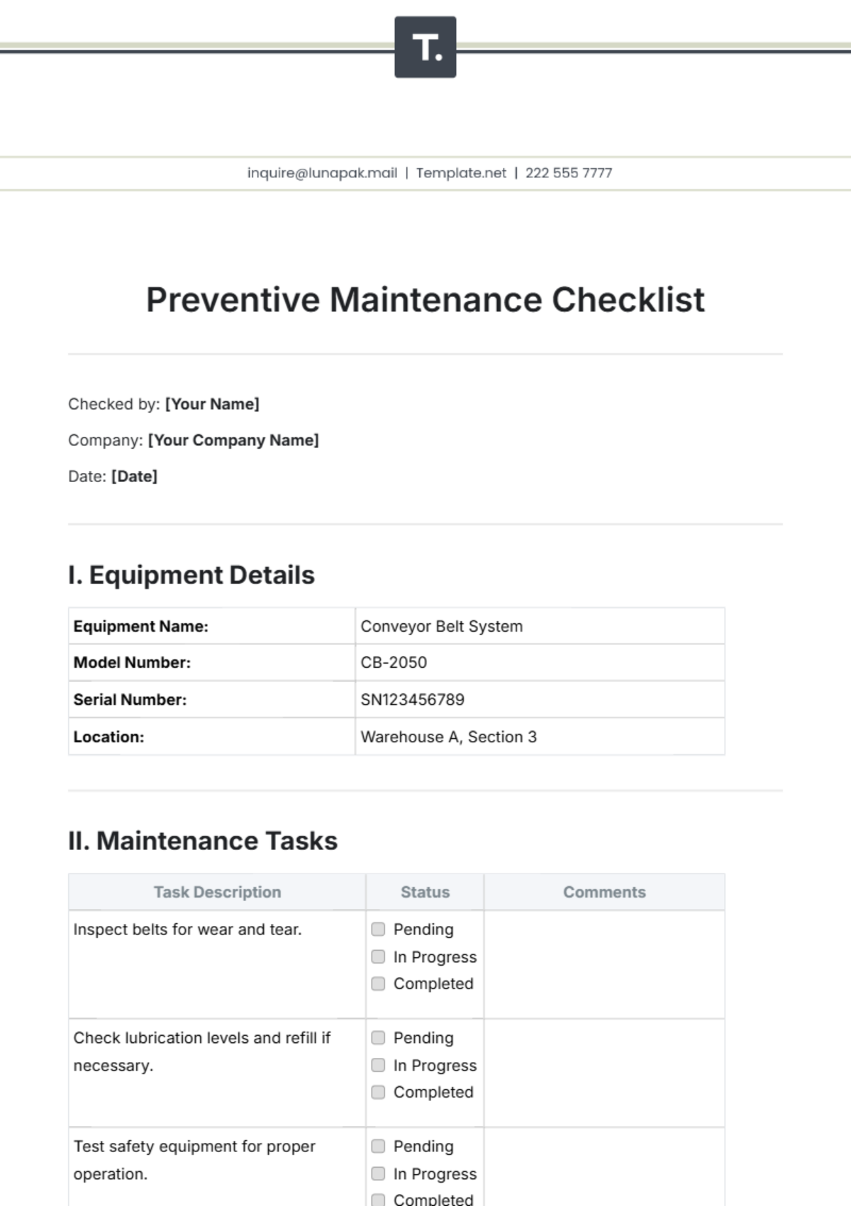 Preventive Maintenance Checklist Template