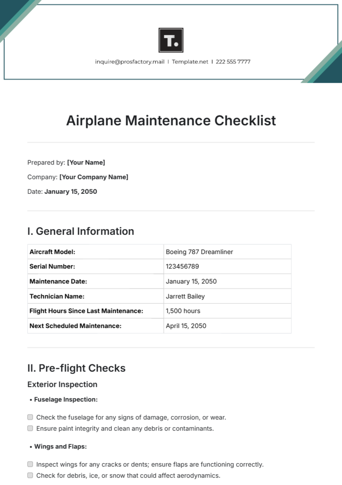 Airplane Maintenance Checklist Template