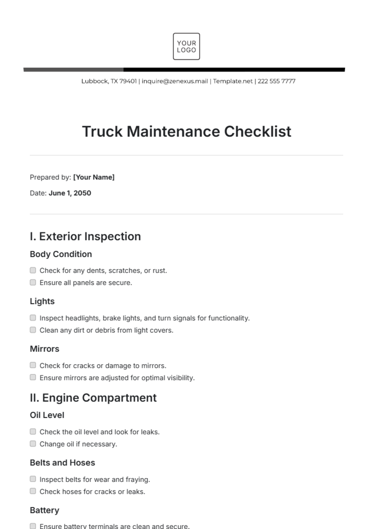 Truck Maintenance Checklist Template