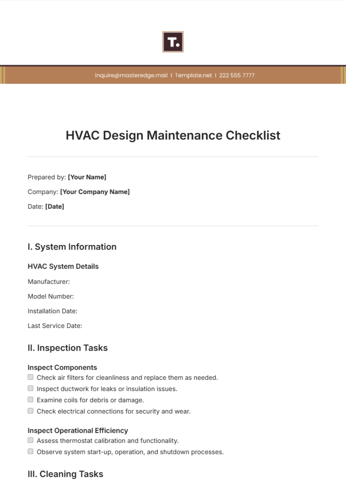 HVAC Design Maintenance Checklist Template