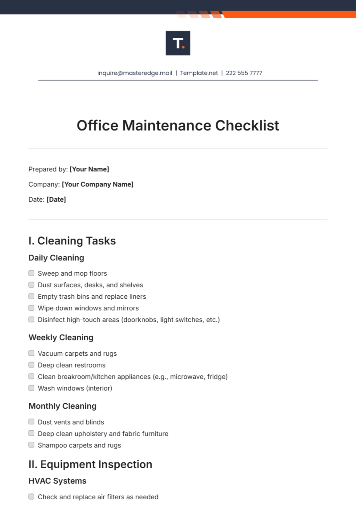 Office Maintenance Checklist Template