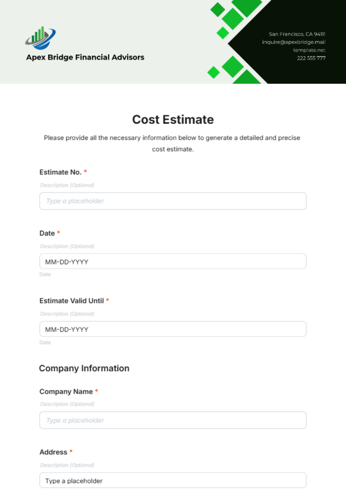 Cost Estimate Template