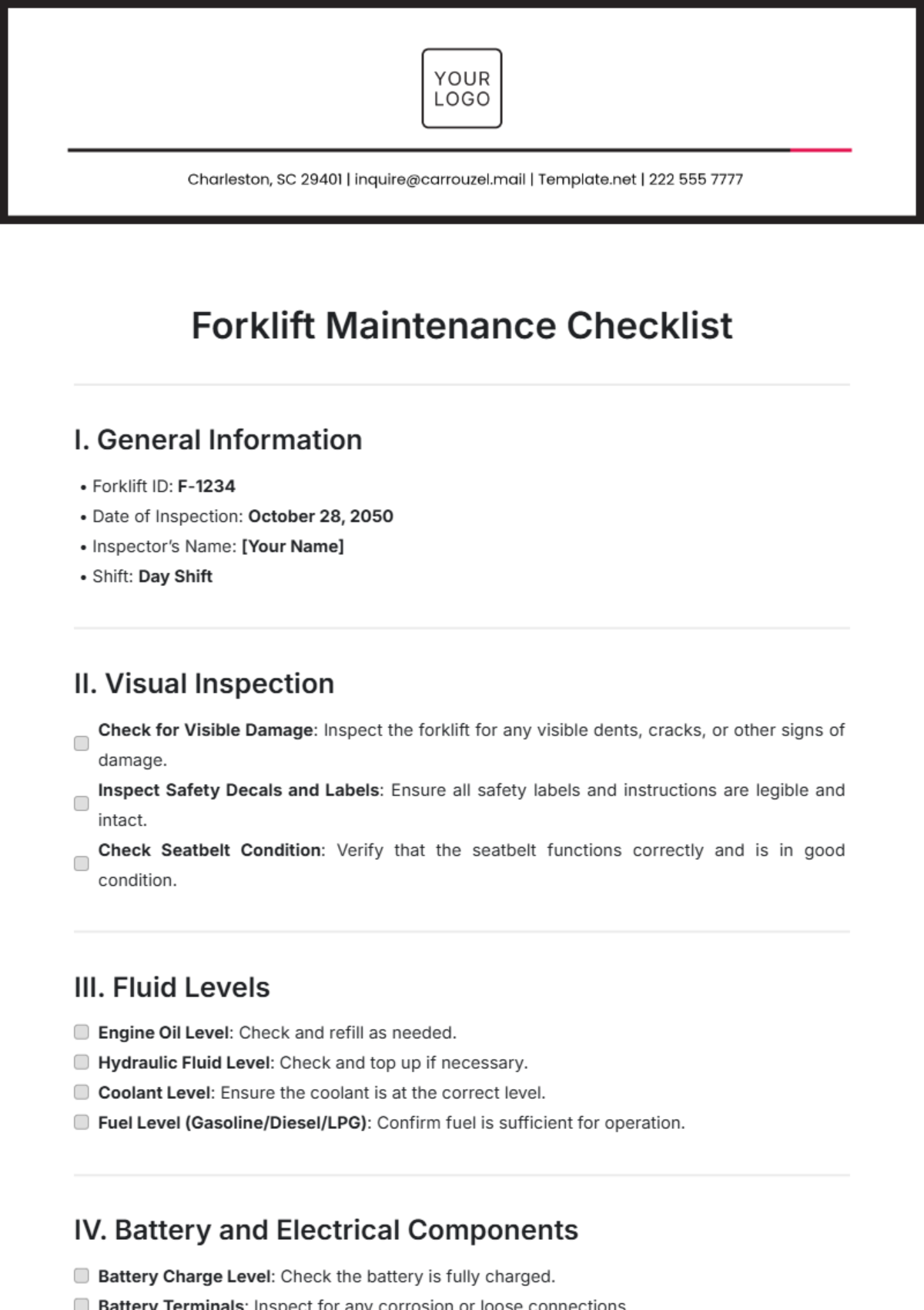 Forklift Maintenance Checklist Template - Edit Online & Download