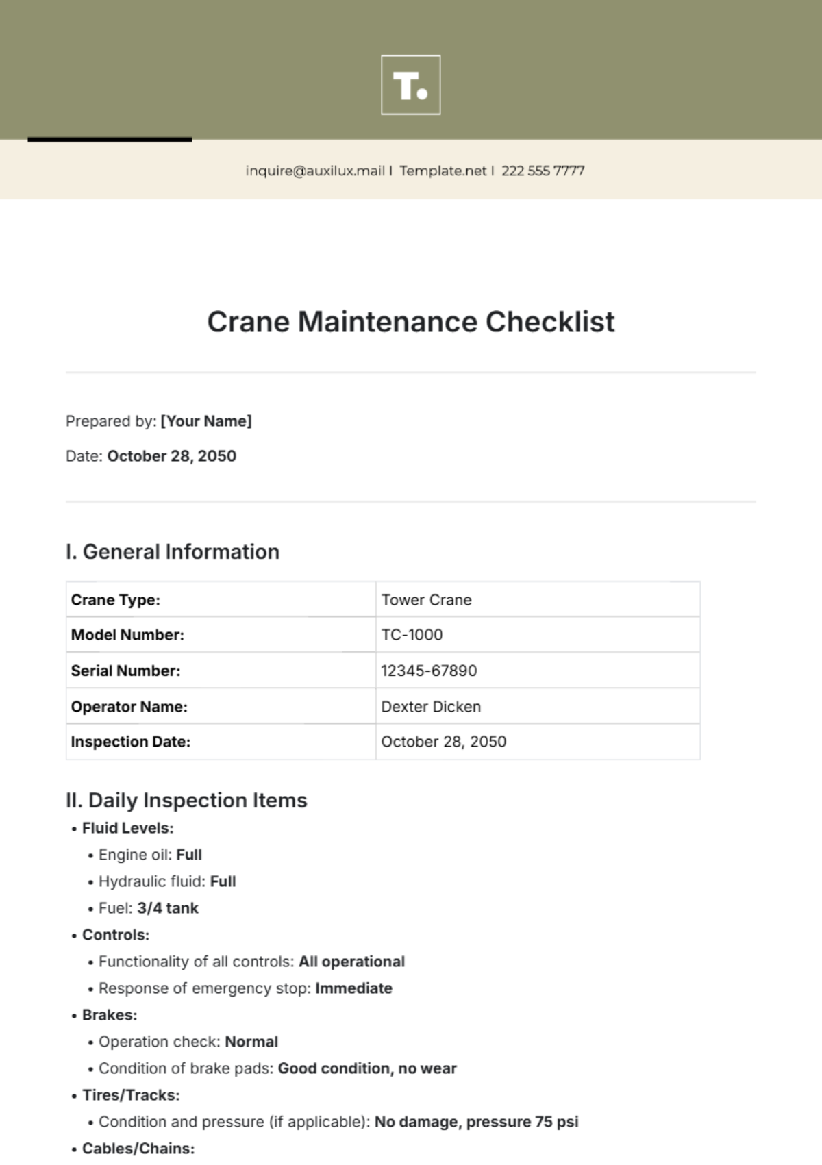 Crane Maintenance Checklist Template - Edit Online & Download