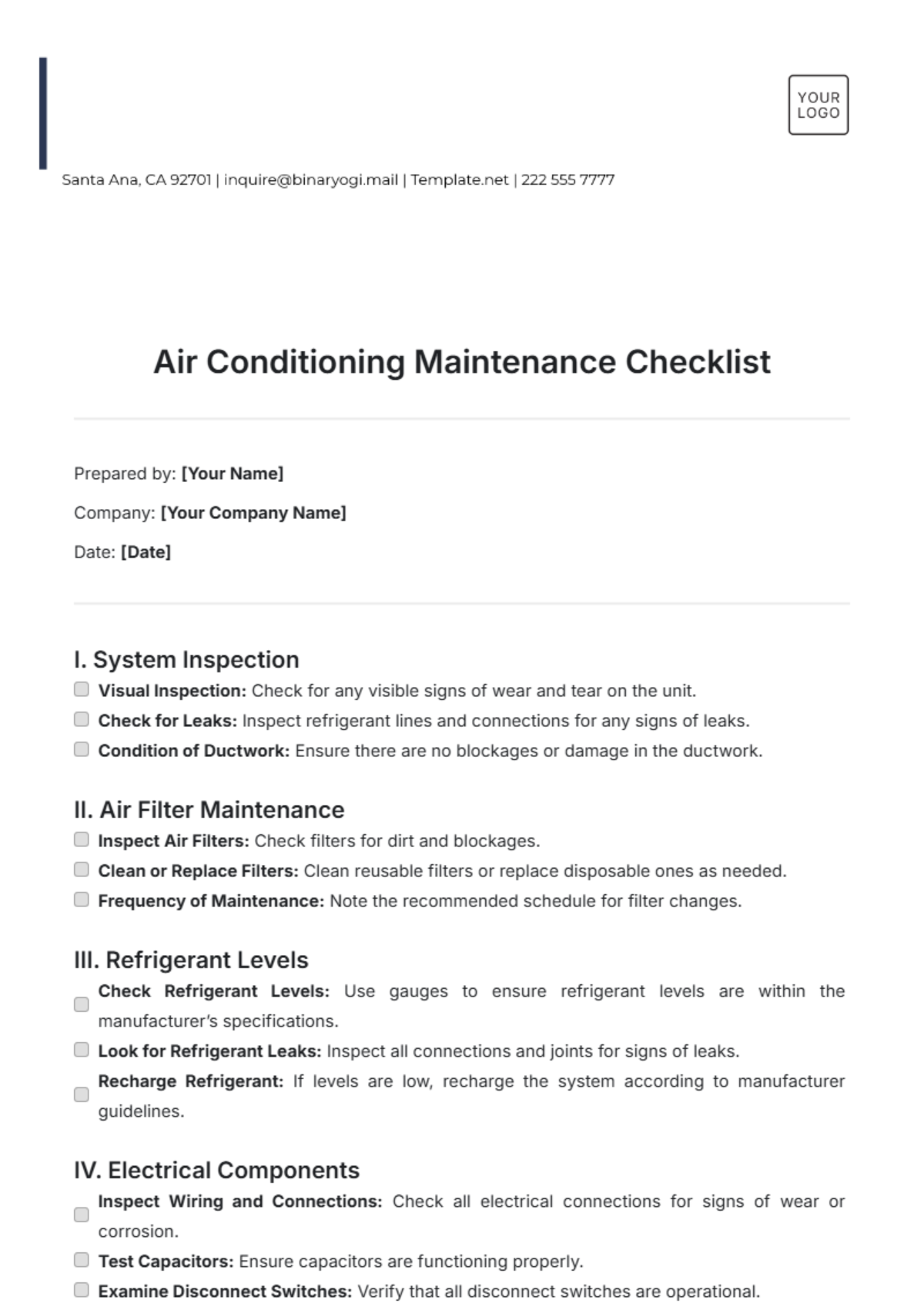 Air Conditioning Maintenance Checklist Template - Edit Online & Download