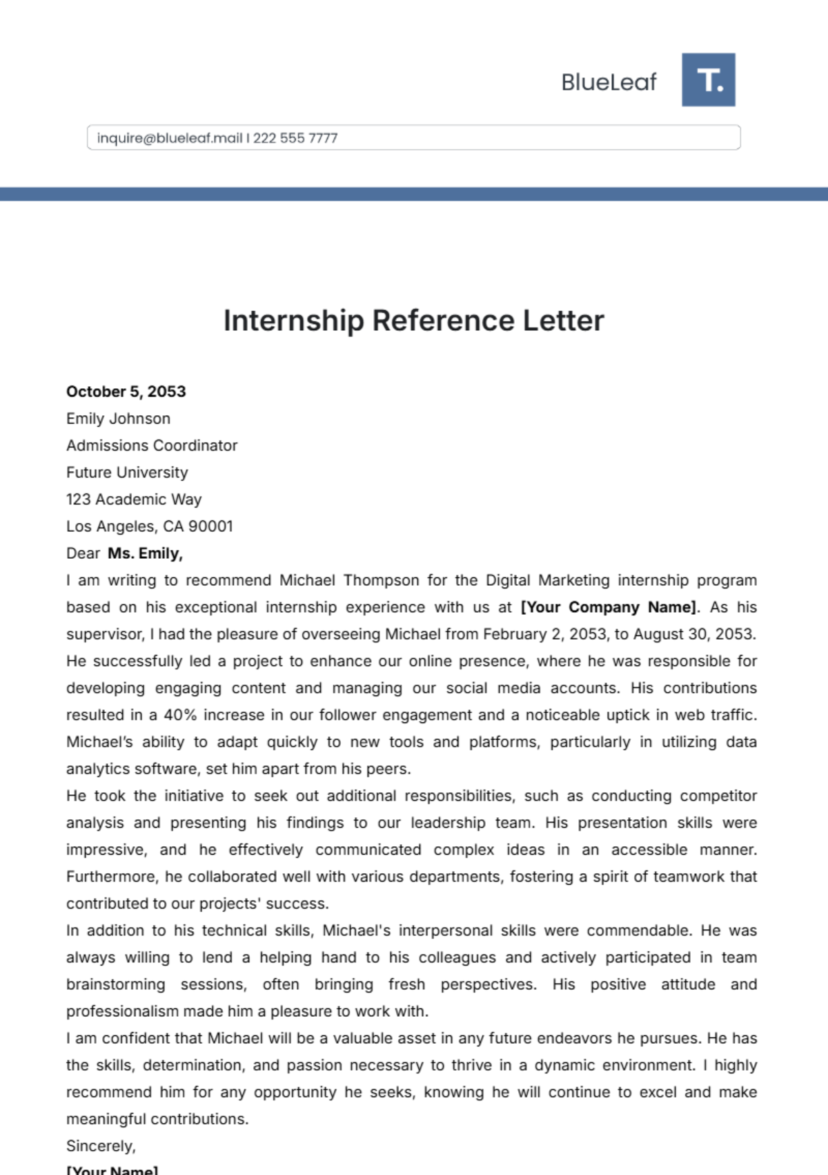 Internship Reference Letter Template - Edit Online & Download