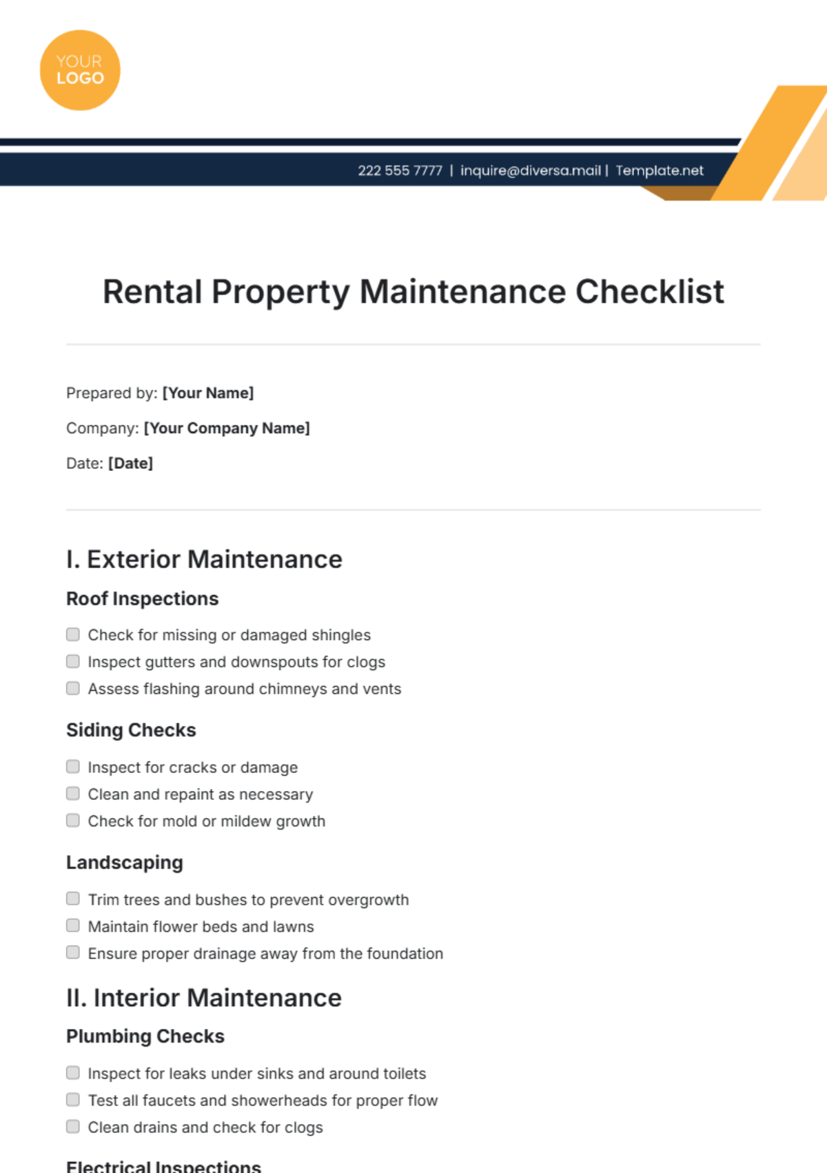 Rental Property Maintenance Checklist Template