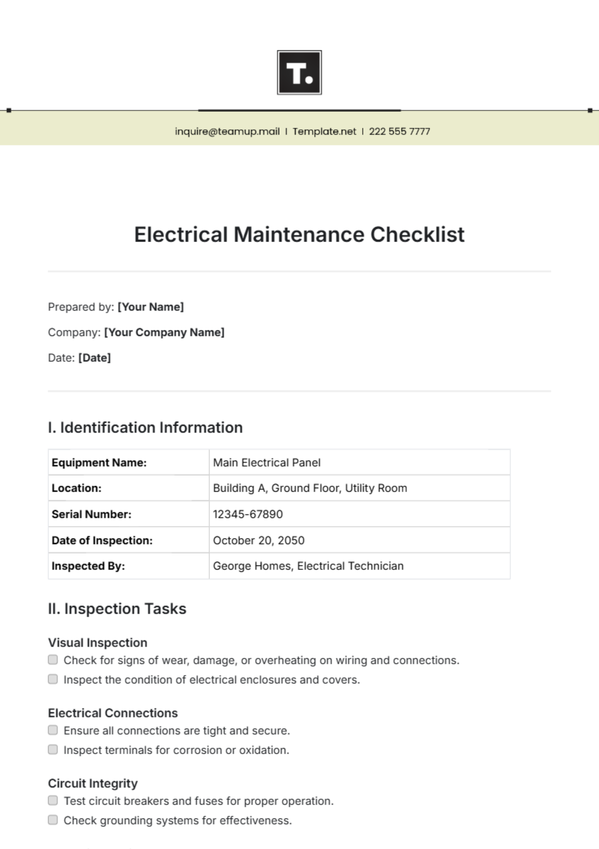 Electrical Maintenance Checklist Template - Edit Online & Download