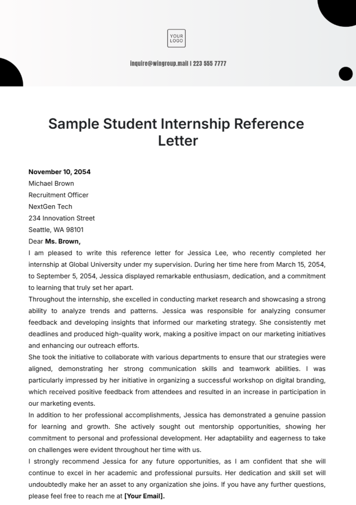 Sample Student Internship Reference Letter Template - Edit Online & Download