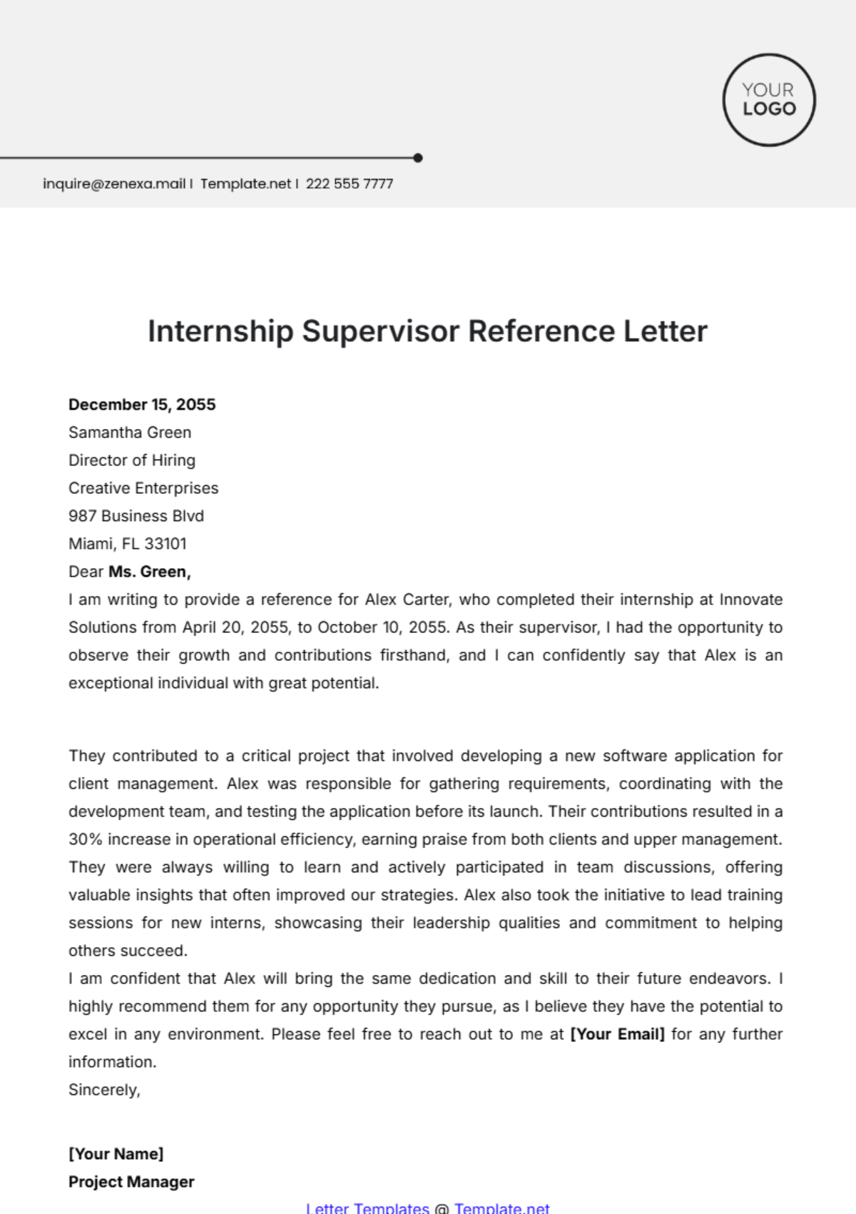 Internship Supervisor Reference Letter Template - Edit Online & Download