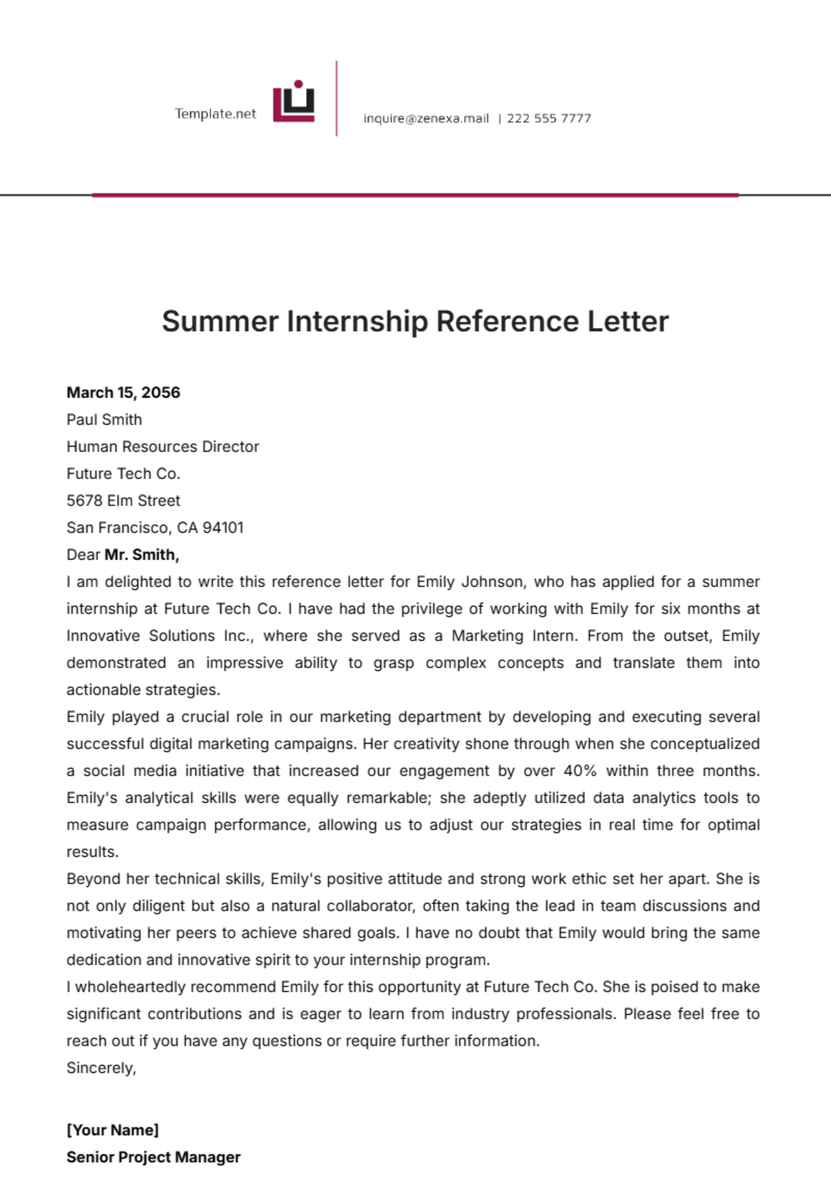 Summer Internship Reference Letter Template - Edit Online & Download