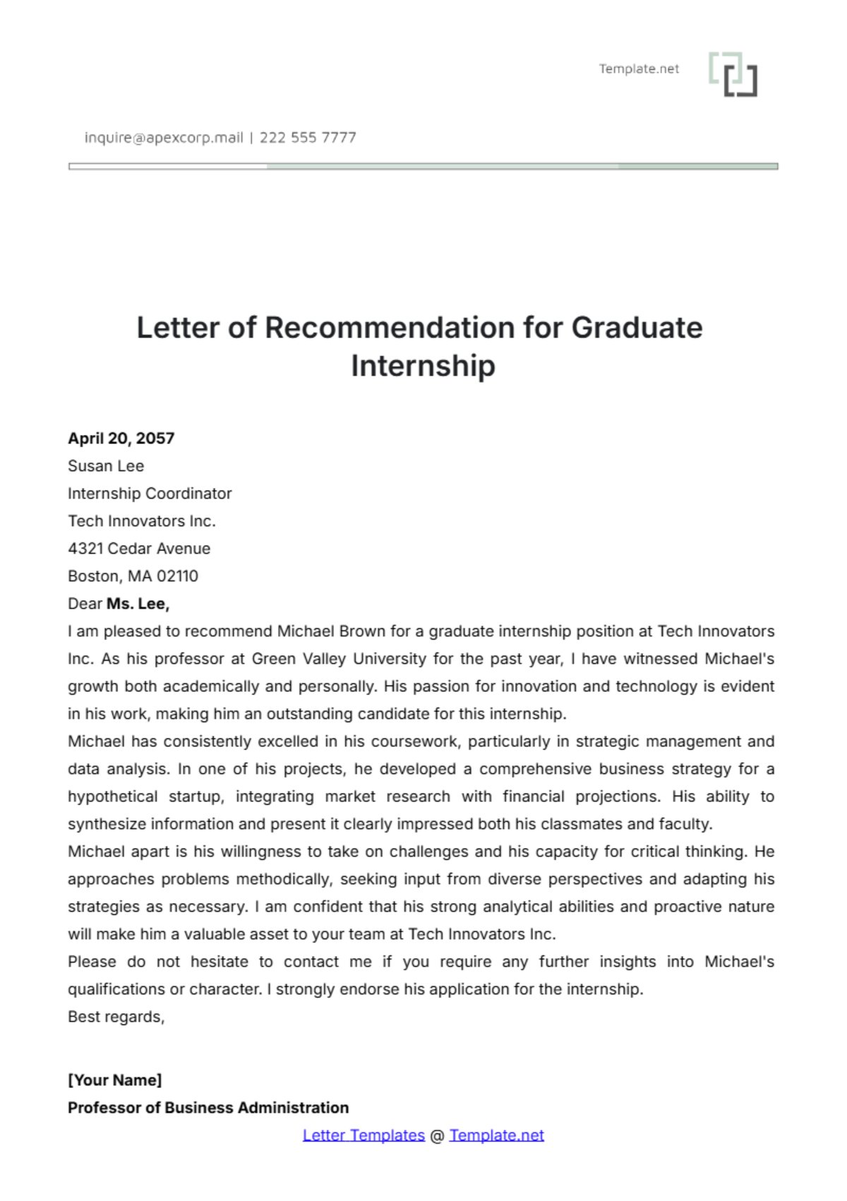 Letter of Recommendation for Graduate Internship Template