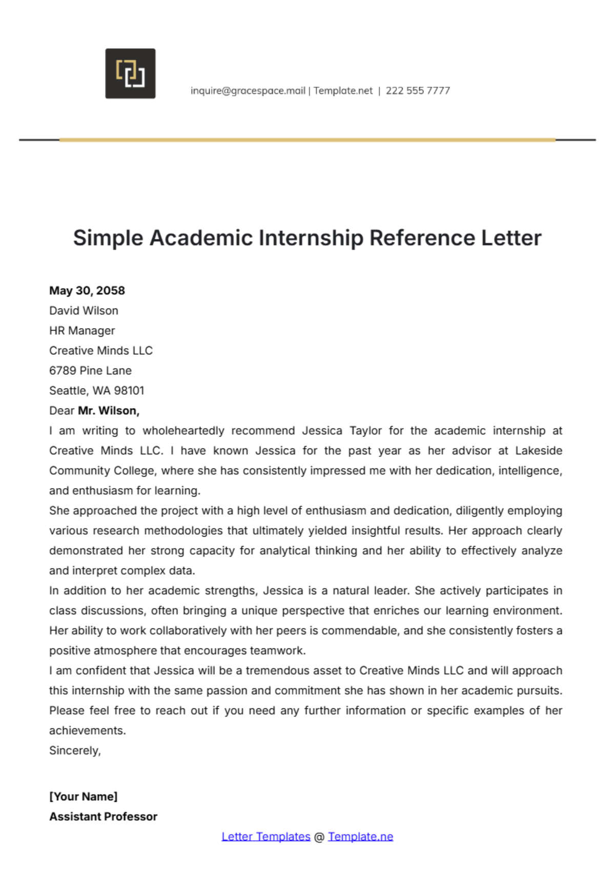 Simple Academic Internship Reference Letter Template - Edit Online & Download