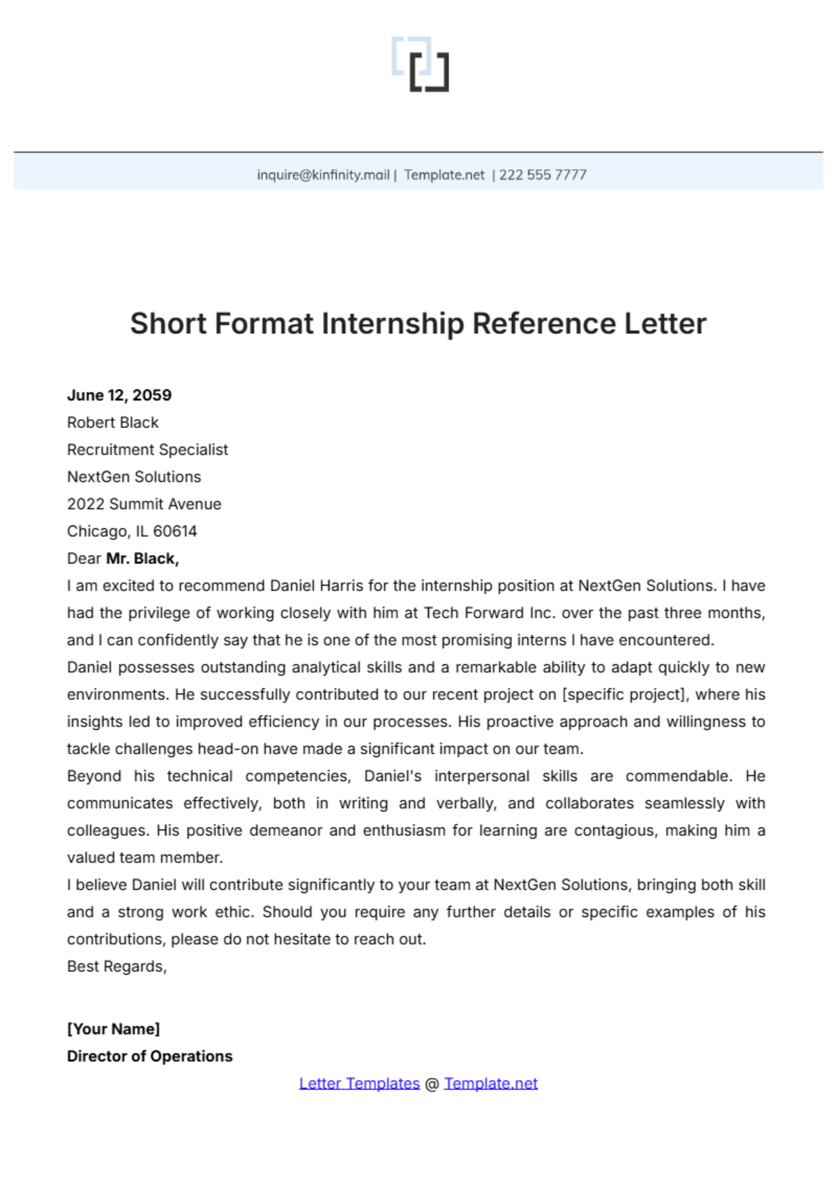 Short Format Internship Reference Letter Template