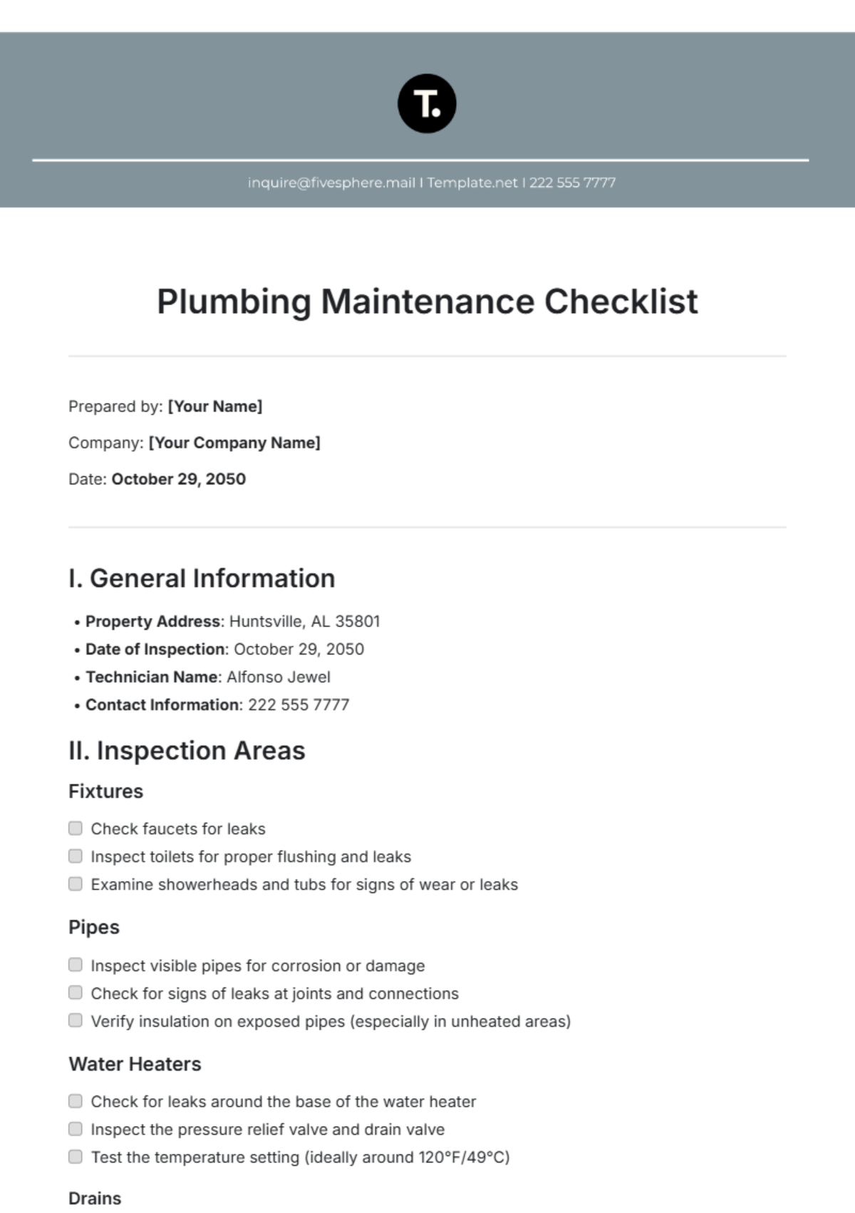 Plumbing Maintenance Checklist Template