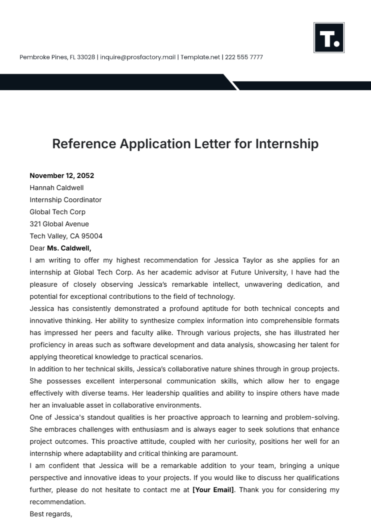 Reference Application Letter for Internship Template