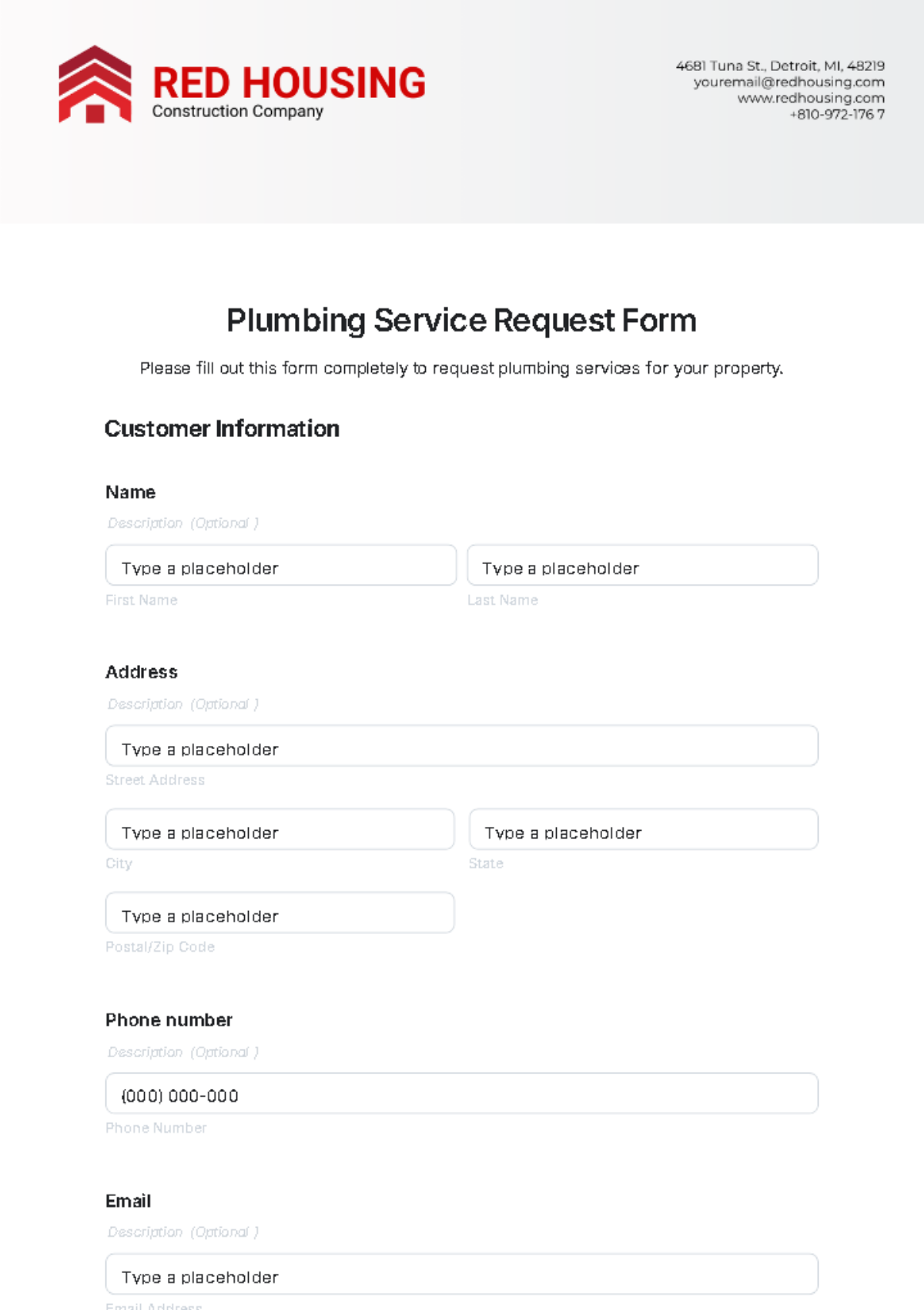 Plumbing Service Request Form Template