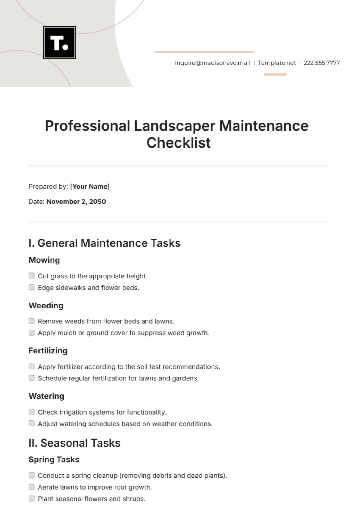 Professional Landscaper Maintenance Checklist Template - Edit Online & Download