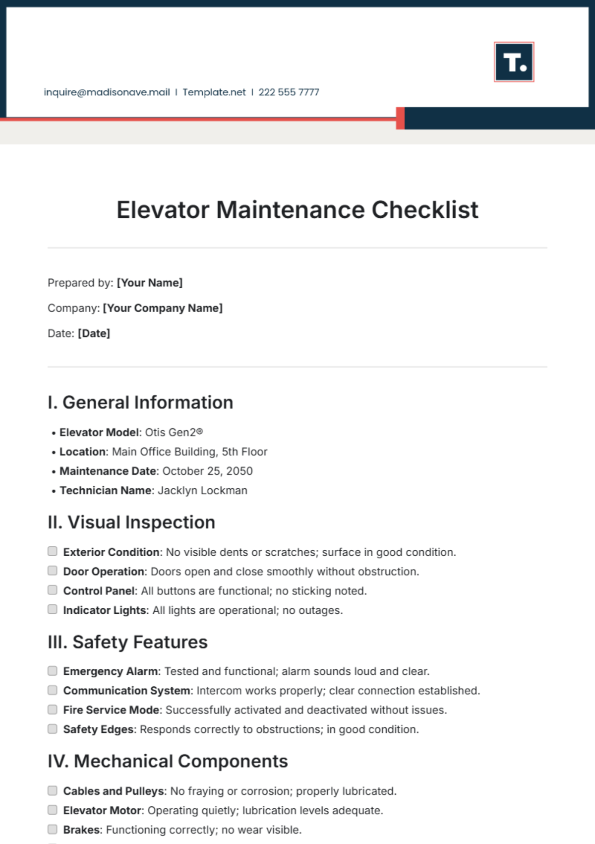 Elevator Maintenance Checklist Template