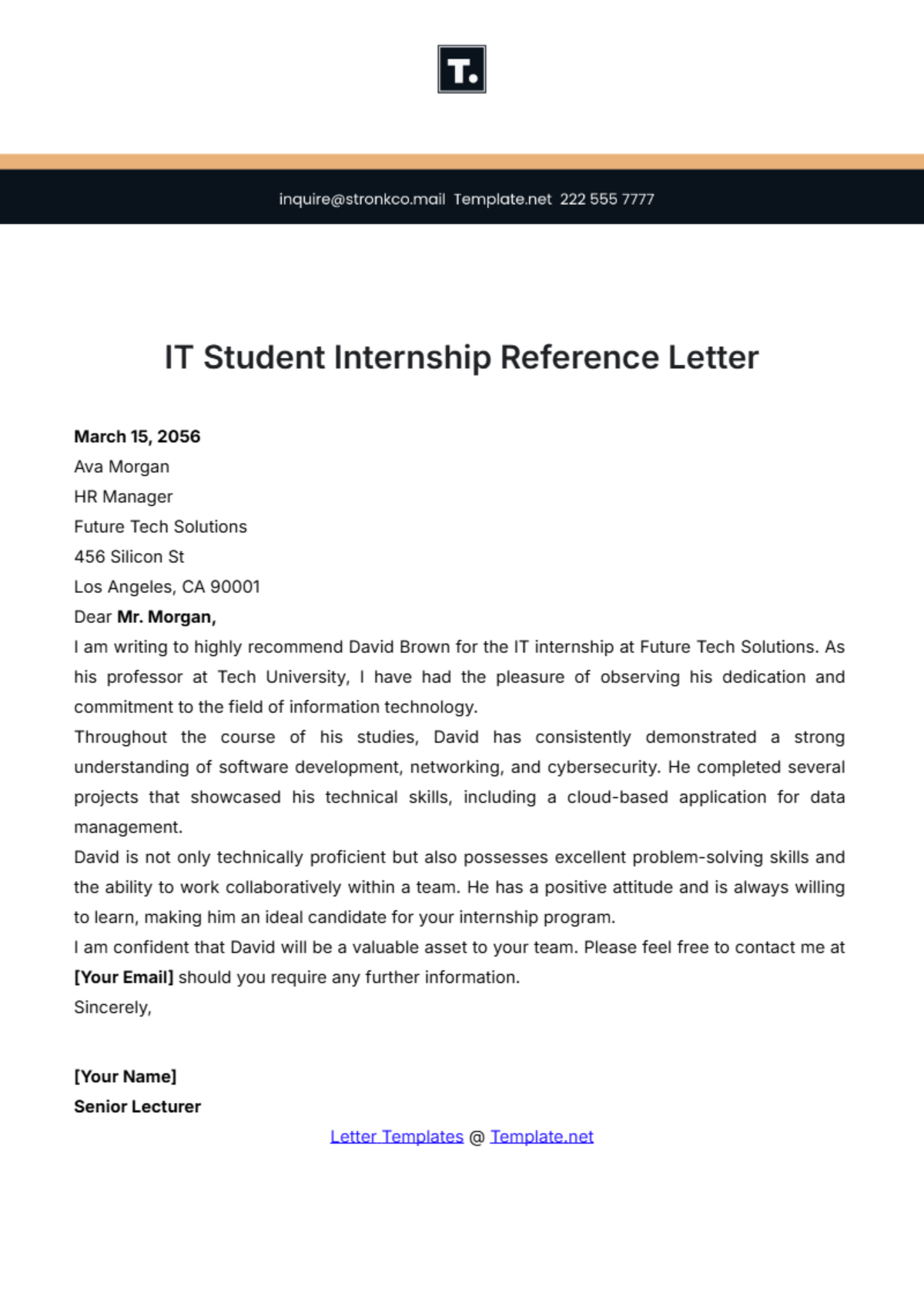 IT Student Internship Reference Letter Template - Edit Online & Download