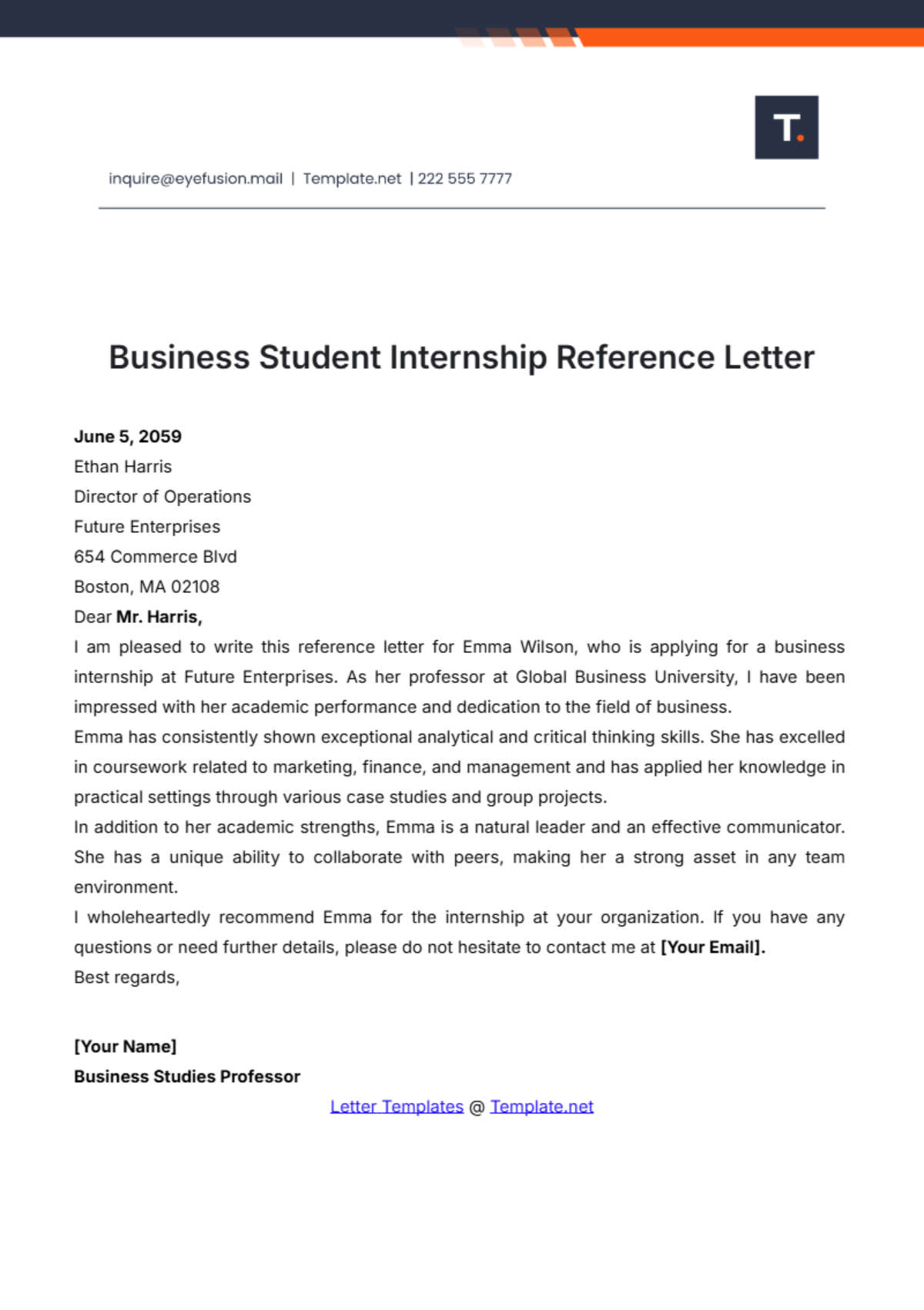 Business Student Internship Reference Letter Template - Edit Online & Download