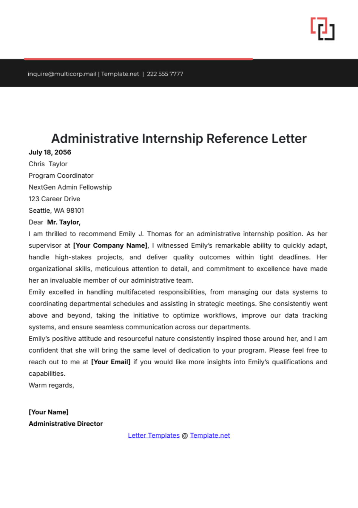 Administrative Internship Reference Letter Template - Edit Online & Download