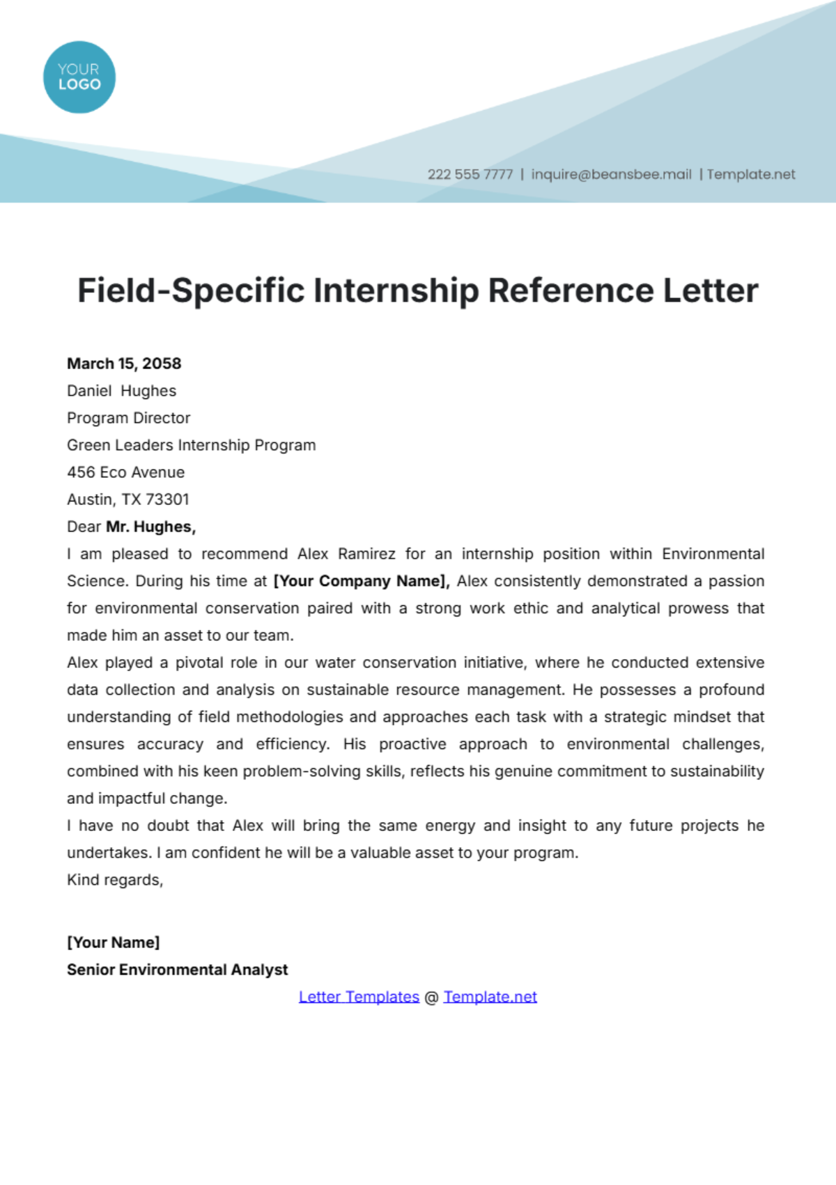 Field-Specific Internship Reference Letter Template