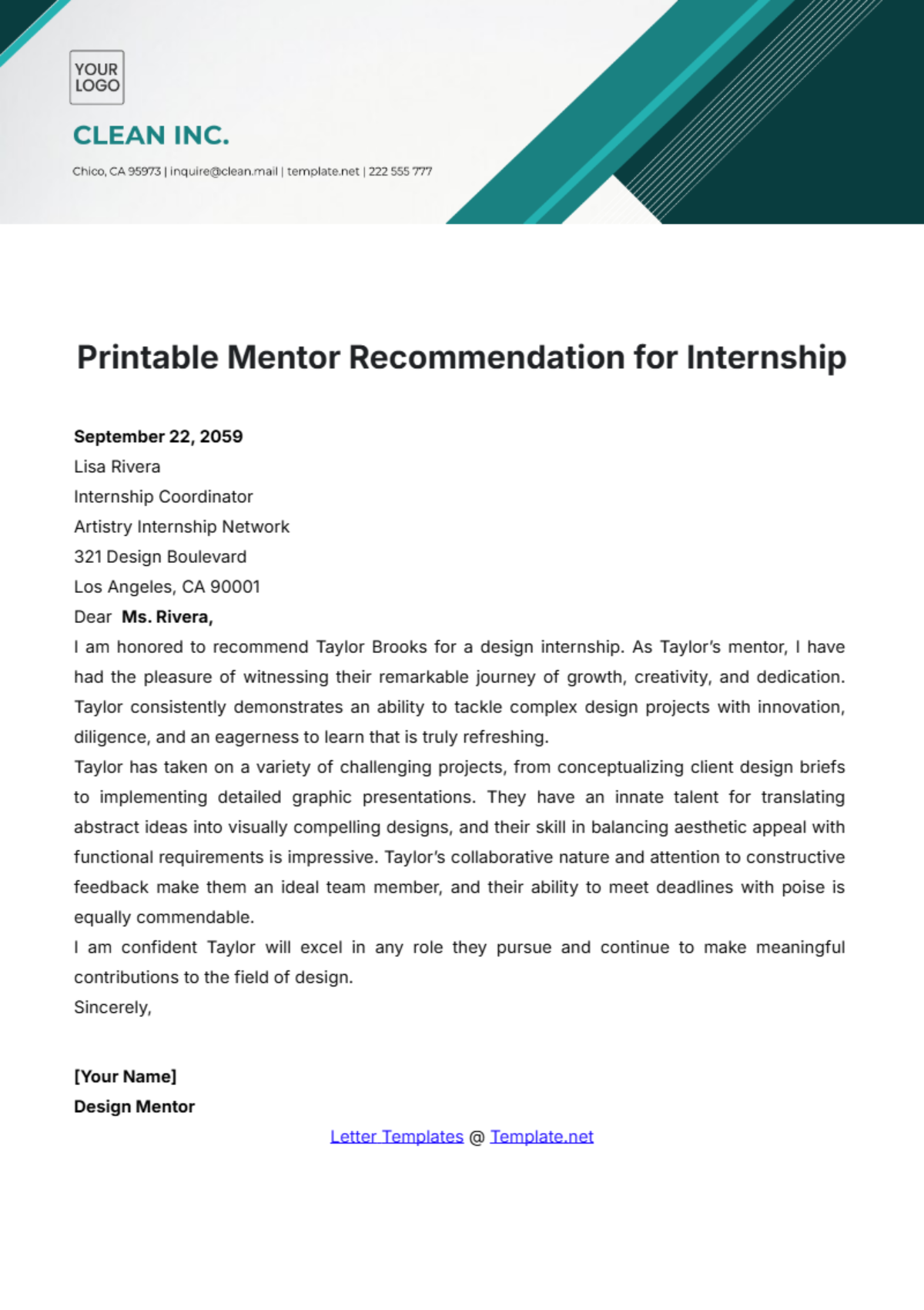 Printable Mentor Recommendation for Internship Template