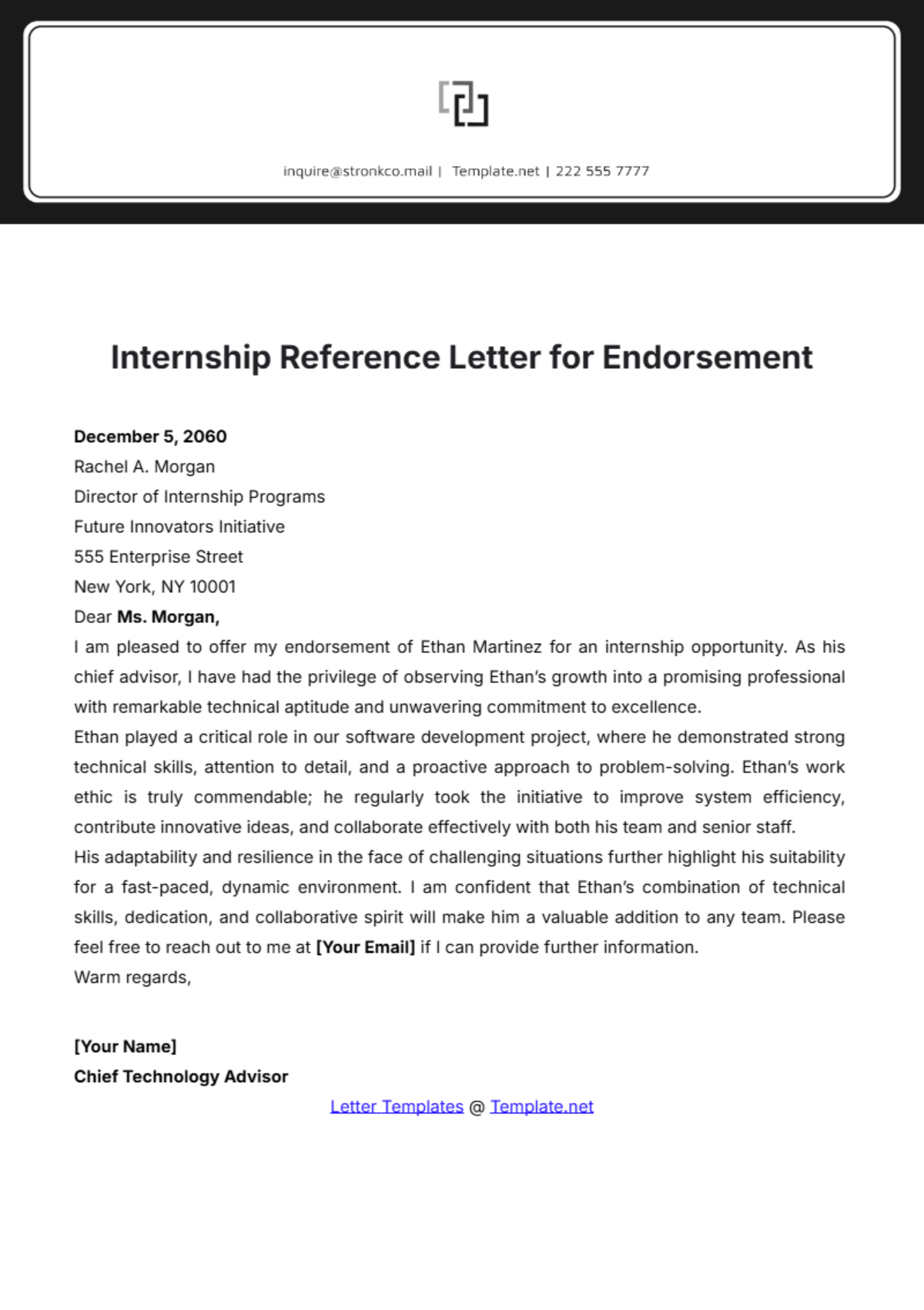 Internship Reference Letter for Endorsement Template