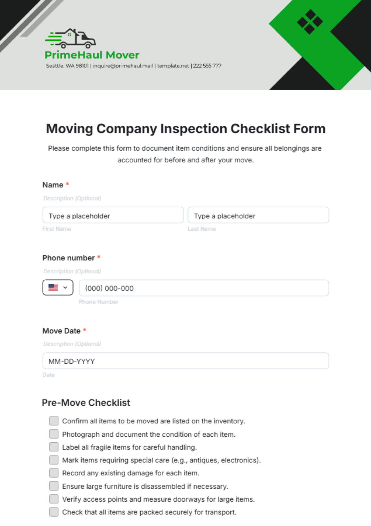 Moving Company Inspection Checklist Form Template