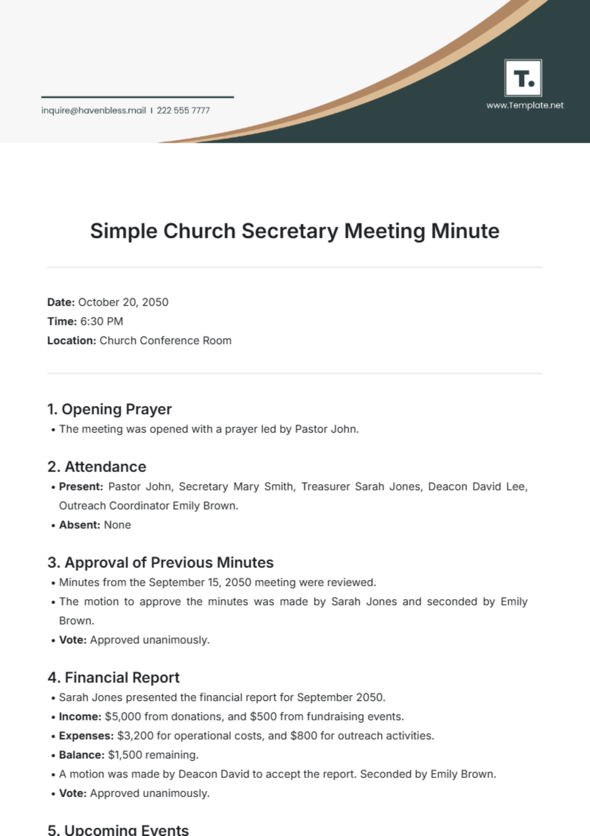 Simple Church Secretary Meeting Minute Template