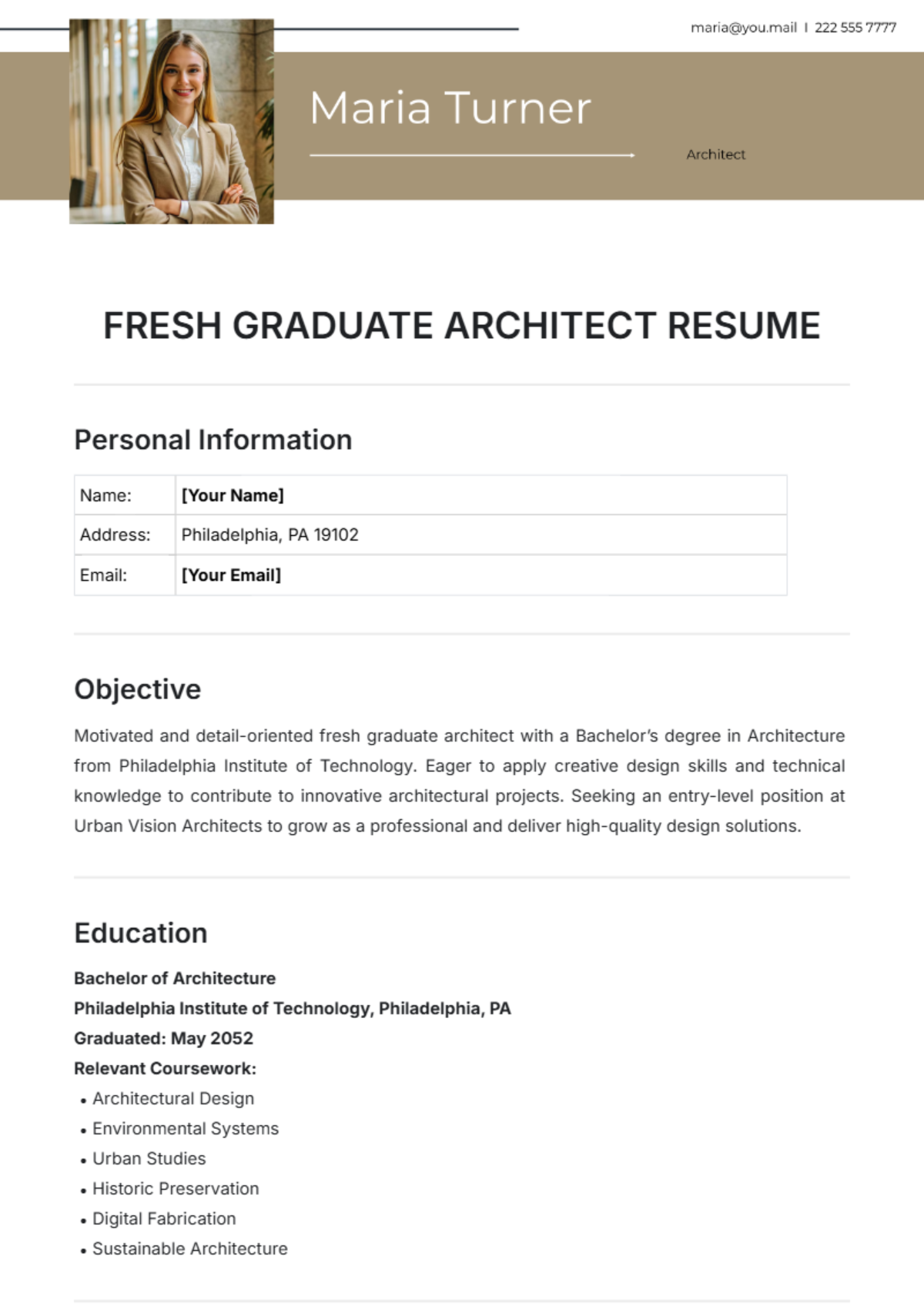 Fresh Graduate Architect Resume Template - Edit Online & Download