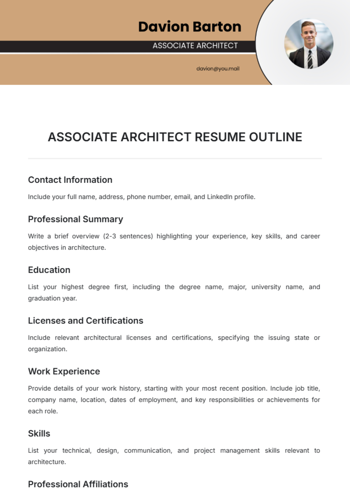 Associate Architect Resume Outline Template - Edit Online & Download