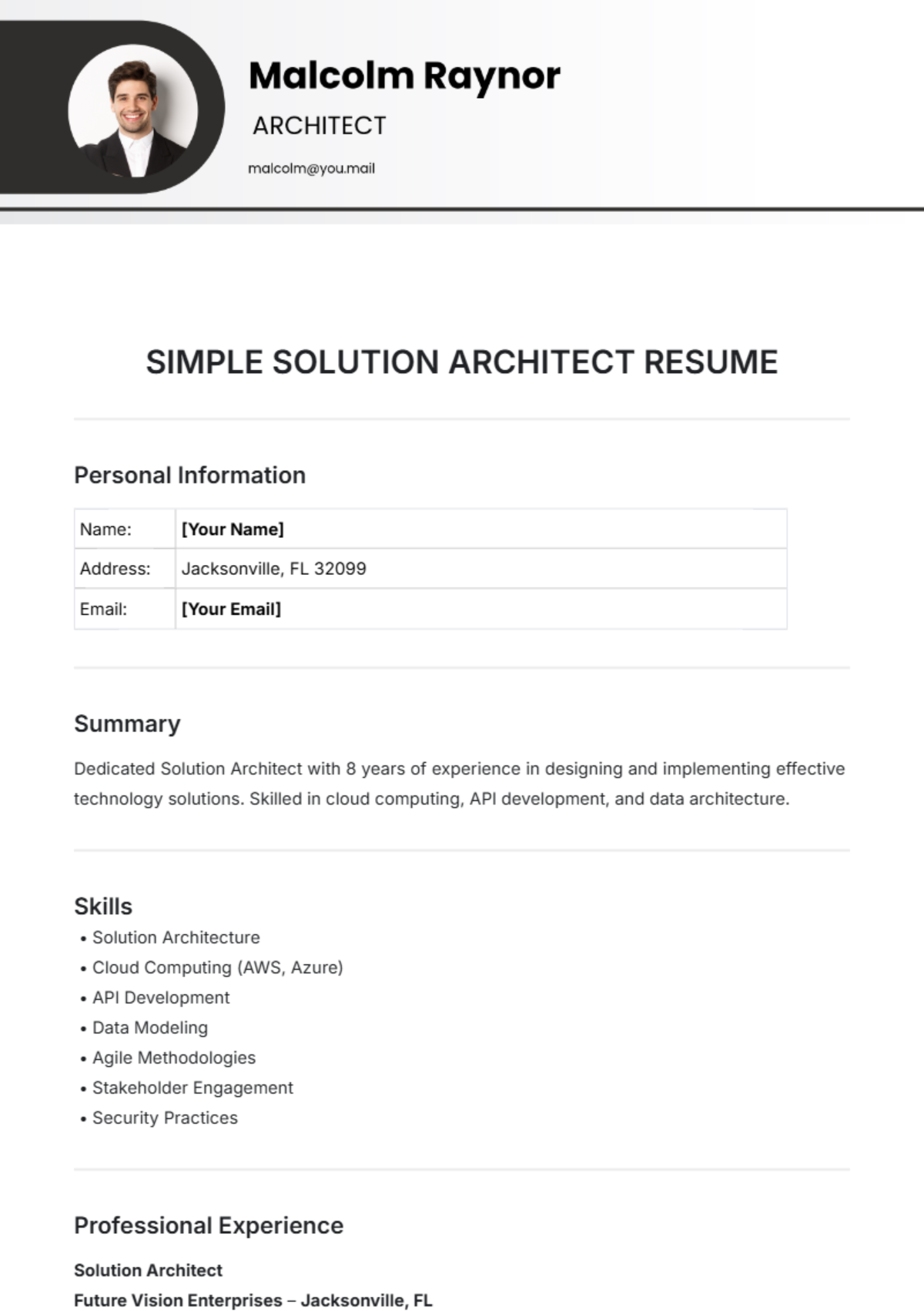 Simple Solution Architect Resume Template - Edit Online & Download