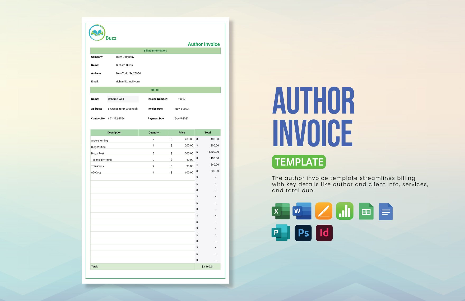 Author Invoice Template in Word, Google Docs, Excel, PDF, Google Sheets, Illustrator, PSD, Apple Pages, InDesign, Apple Numbers