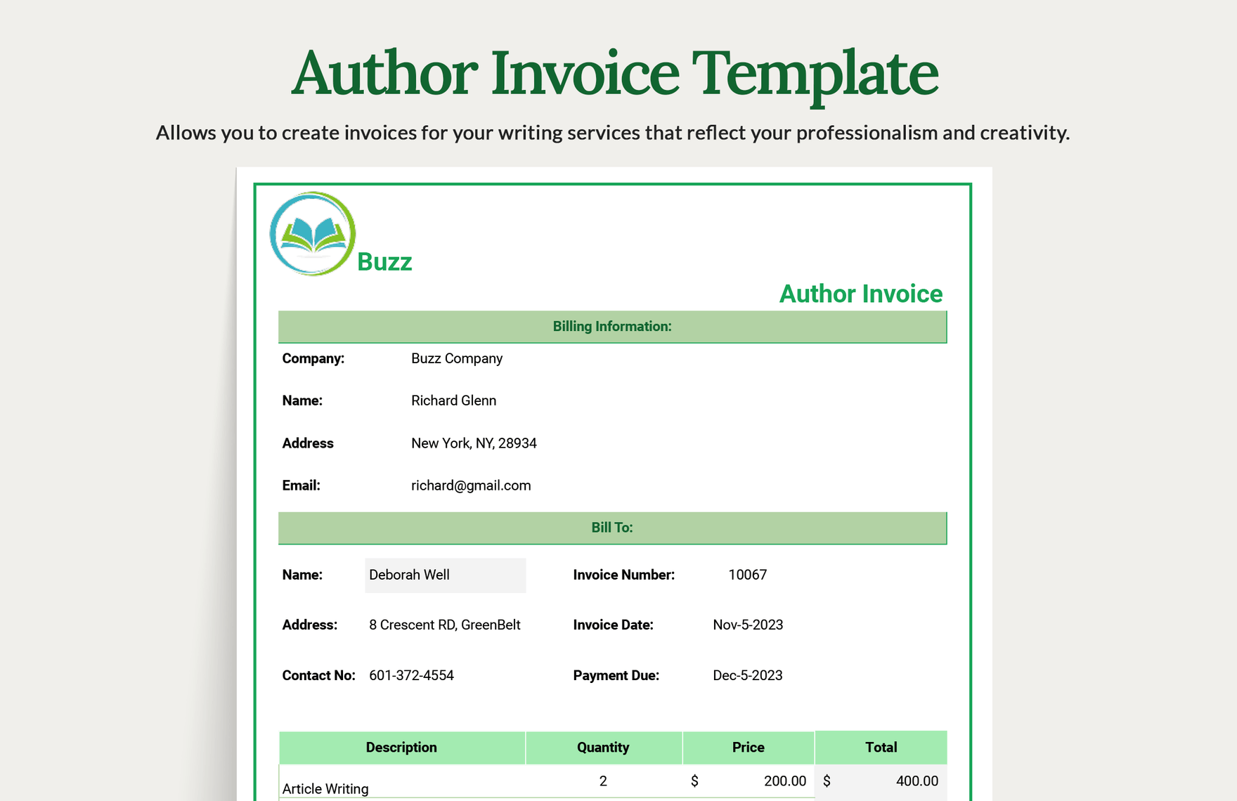 Author Invoice Template