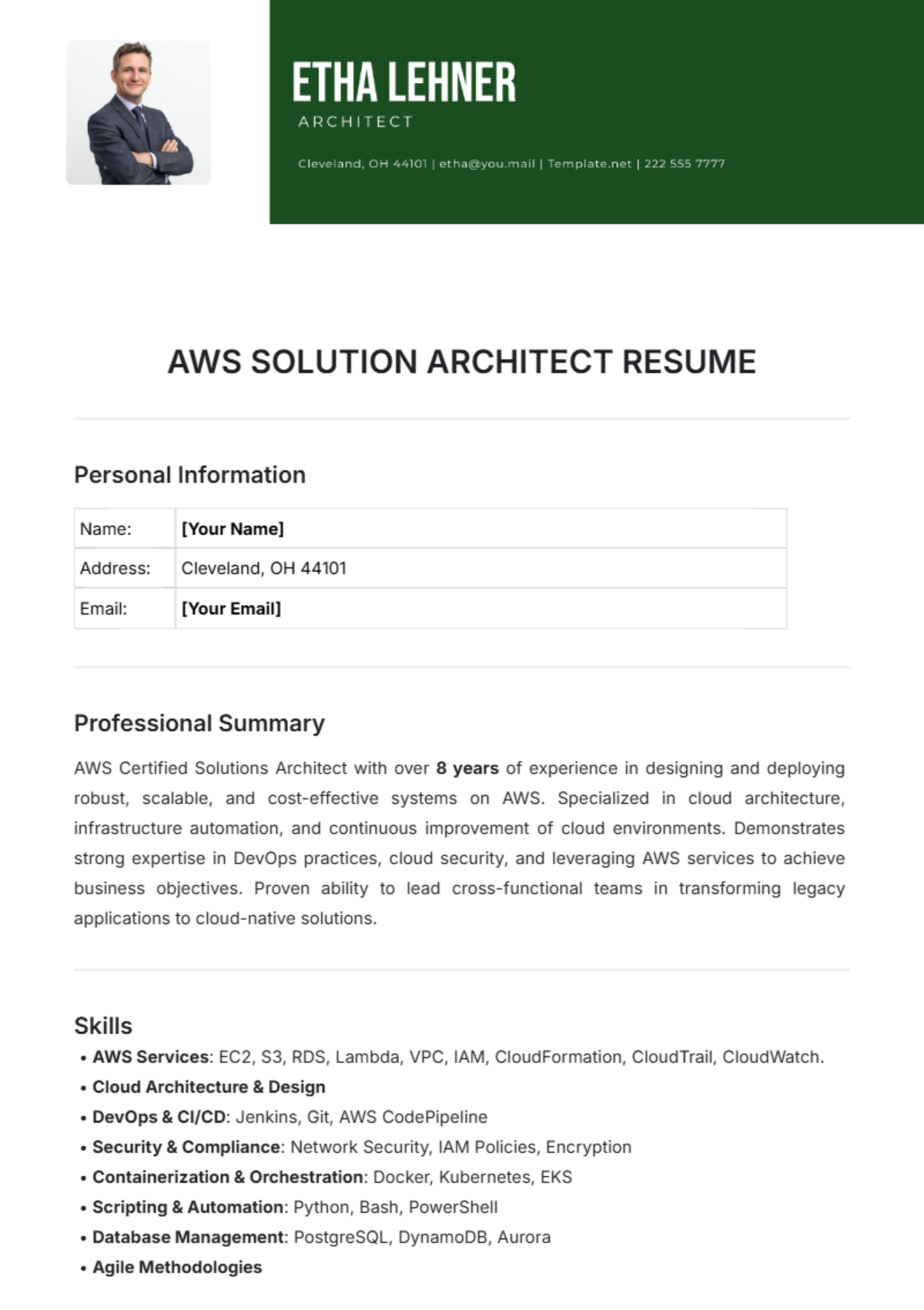 AWS Solution Architect Resume Template - Edit Online & Download